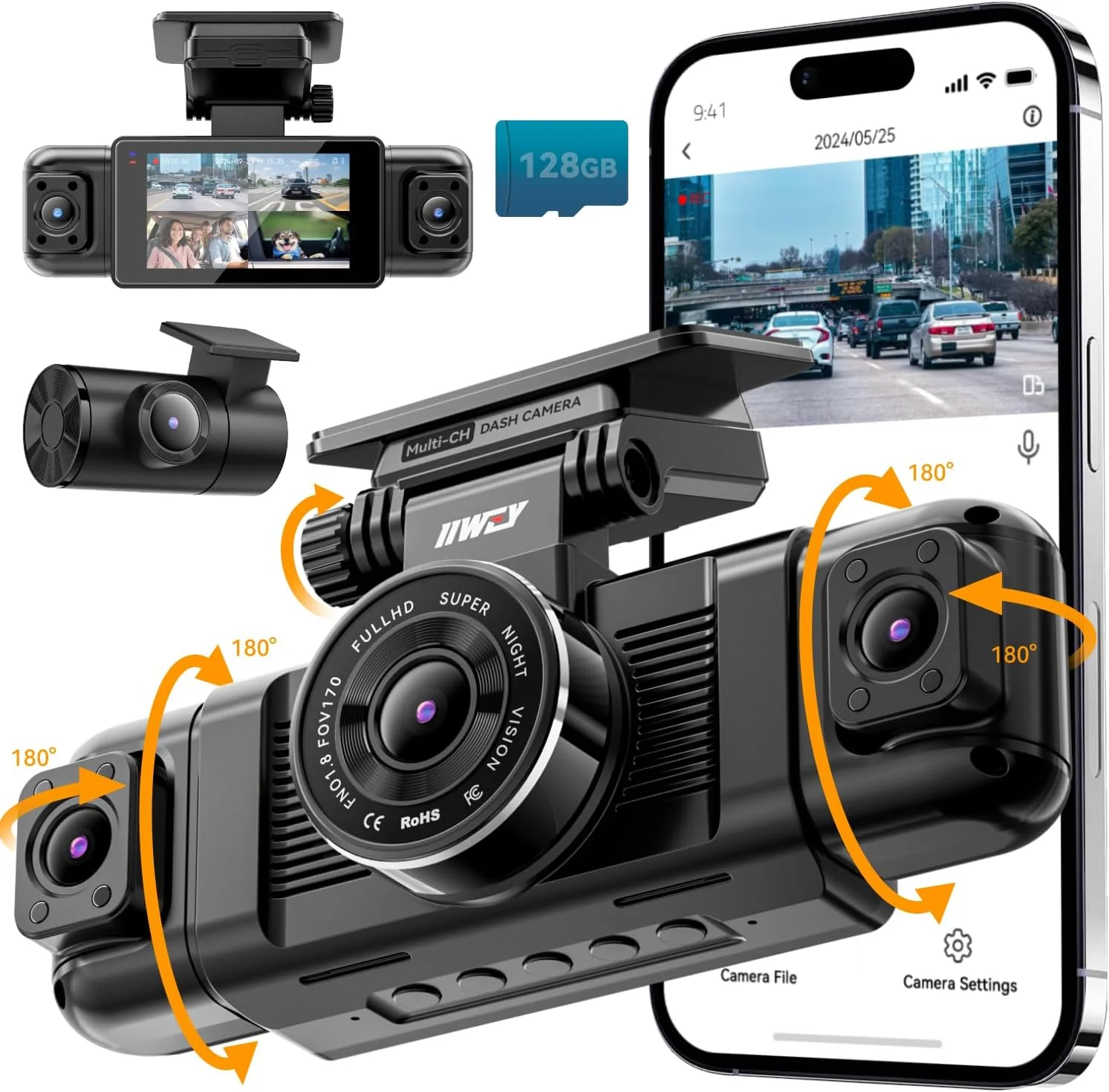 Channel Dash Cam 360° View, 1080P Front and Rear Interior, Car Left and Right Dash Cam, 8 Infrared Lights Night Vision, 5G WiFi and APP Control, G Sensor, Parking Mode, with Free 128GB SD Card