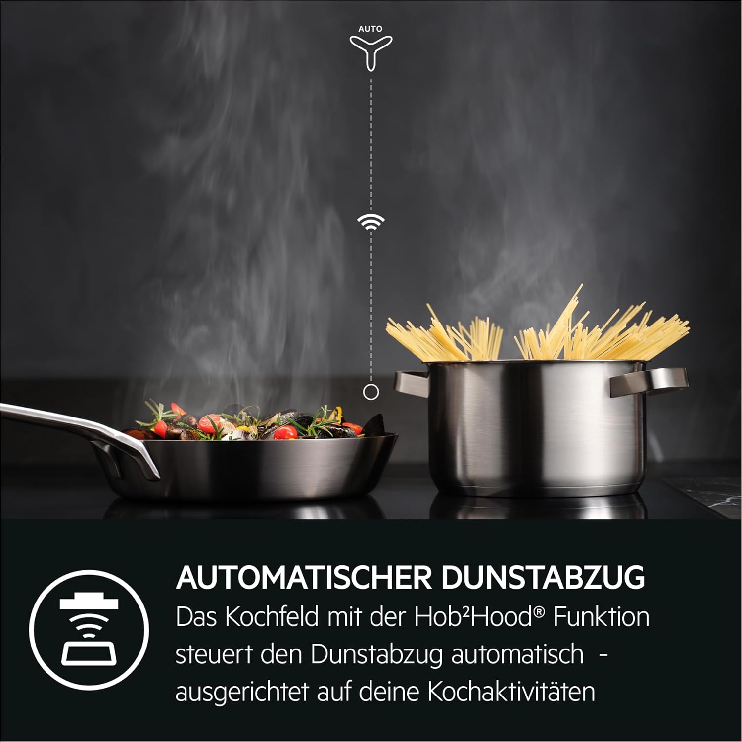 AEG Induktionskochfeld autark 80cm mit Dunstabzug / Made in Germany / 4 Flex-Kochzonen mit Bridge (Kombination 2er Zonen) / Auto-Funktion des Dunstabzugs / Aktivkohlefilter / COLI84COXB
