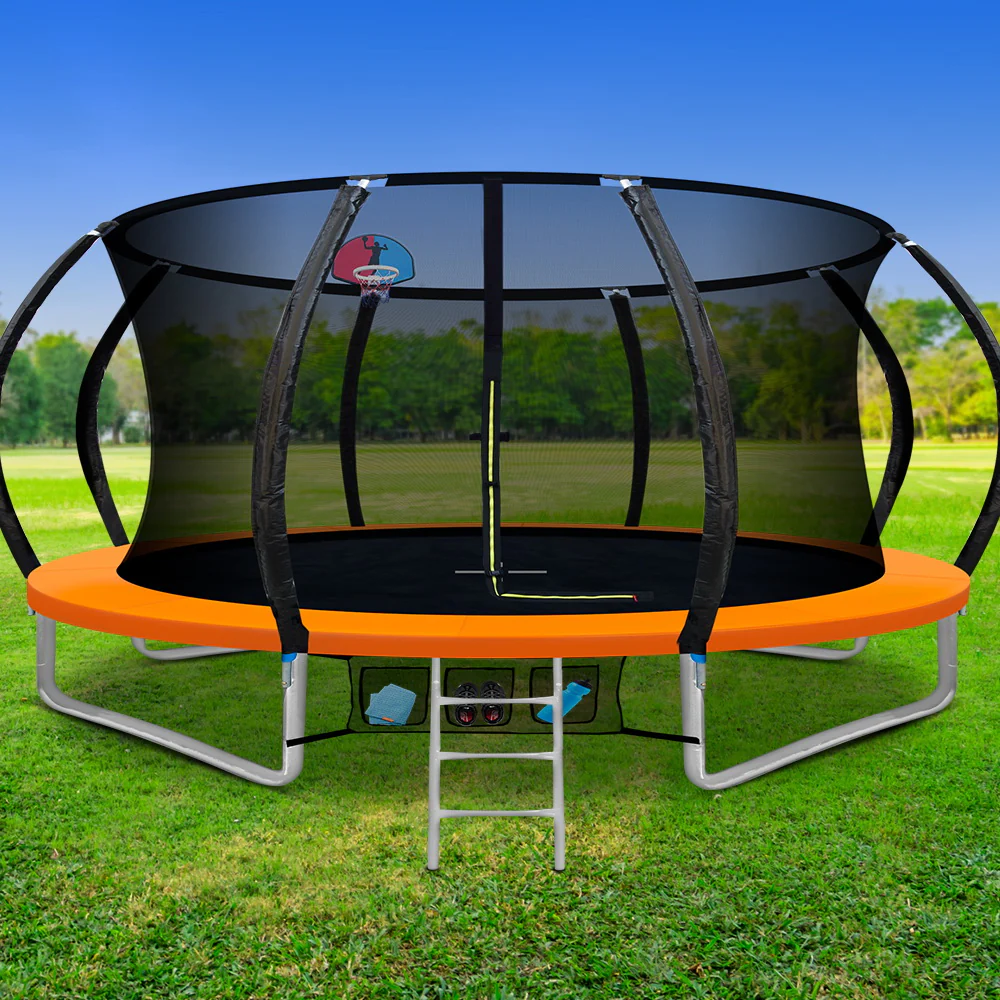 14ft Trampoline  Kids Trampoline Rebounder w/ Ladder Basketball Hoop Orange