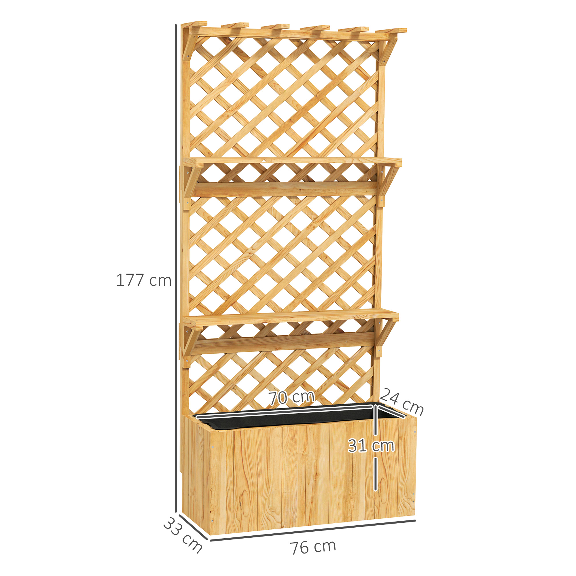 Verhoogd Bloembed met Klimrek, Bloembak, 2 Planken, Afvoergaten, 76 x 33 x 177 cm