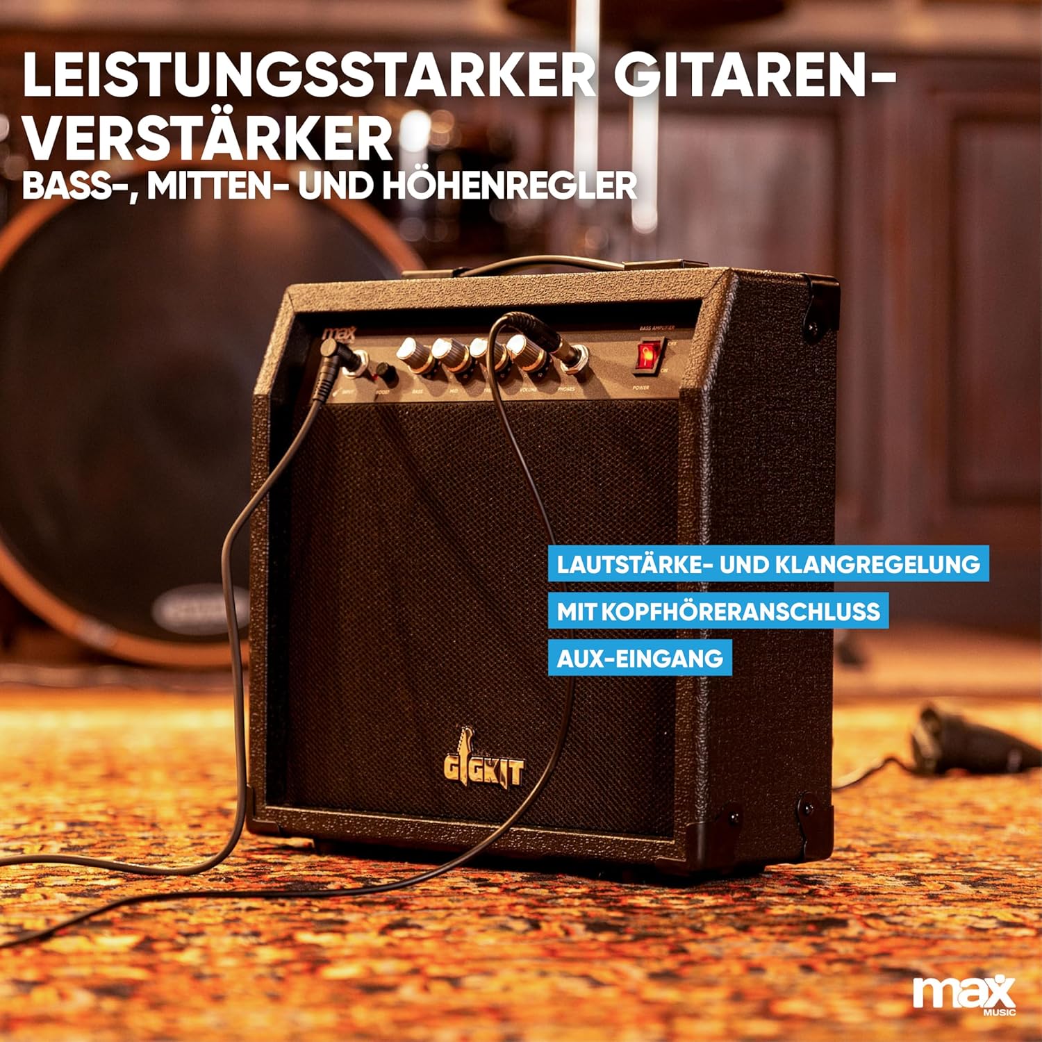 MAX GigKit Bassgitarre Set, E Bass Gitarre, Bass Guitar mit Gitarrenverstärker, Tasche, Stimmgerät, Plektren, Ständer, Gurt, Kabel und Ersatzsaiten - 21 Bünde - Weiß
