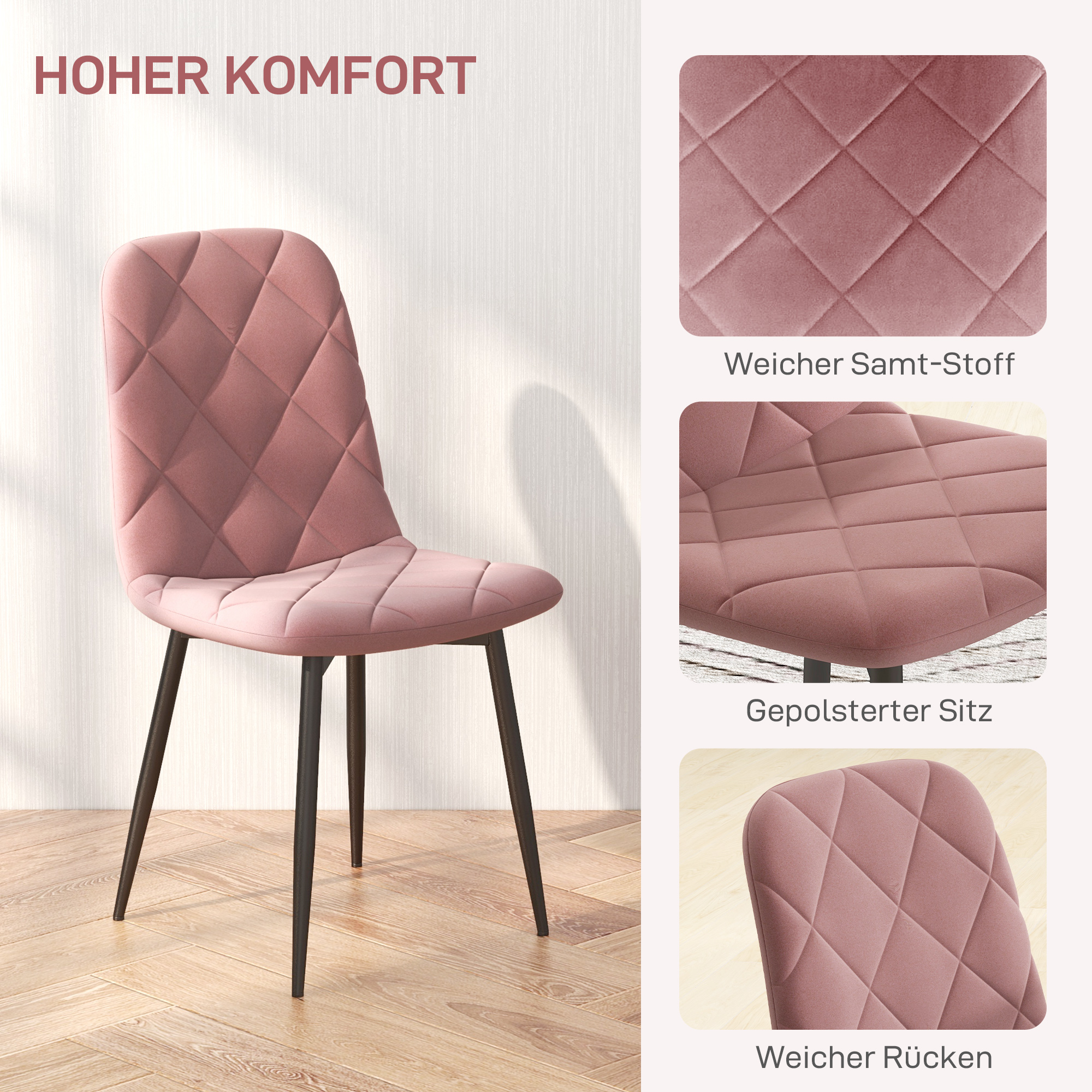 4-delige Set Eetkamerstoelen in Fluwelen Look met Rugleuning, 45 x 54 x 87 cm, Roze