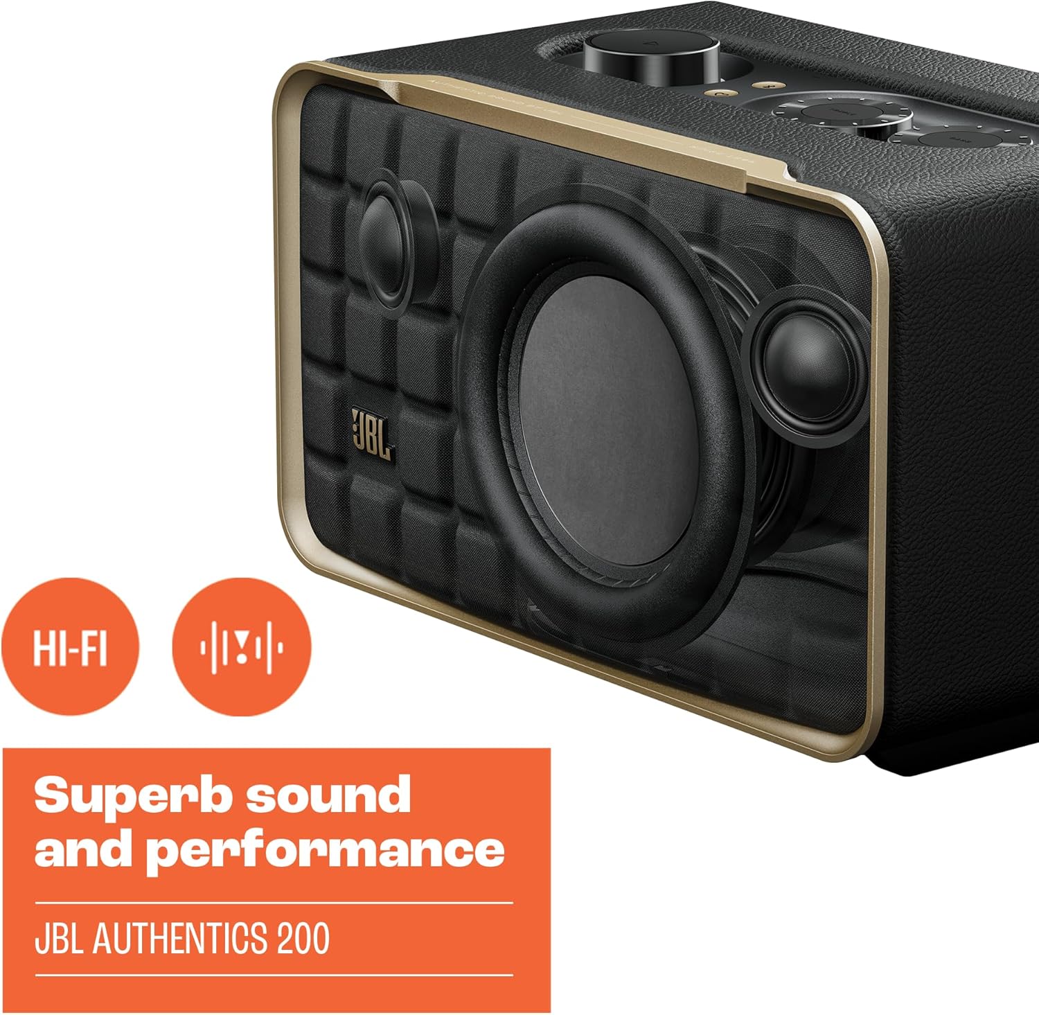 JBL Authentics 200 Smart Home Lautsprecher – 70er Jahre Retro-Design Bluetooth Box – Mit Quadrex Grill, Google Assistant, Alexa, AirPlay und JBL One App – Schwarz
