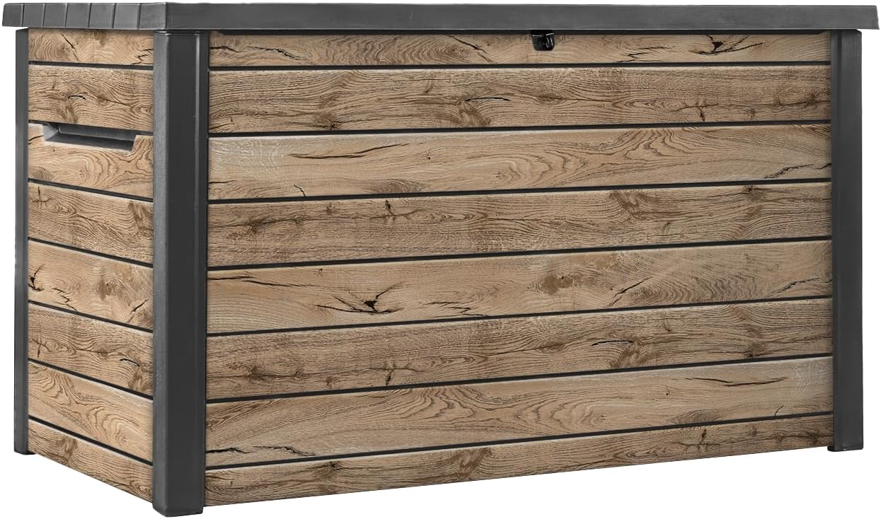 Koll Living Keter Gartenbox Ontario 870L | 147x83x86 cm cm | Kunststoff in Holzoptik (Pinie) | Deckel mit Gasdruckfedern | abschließbar