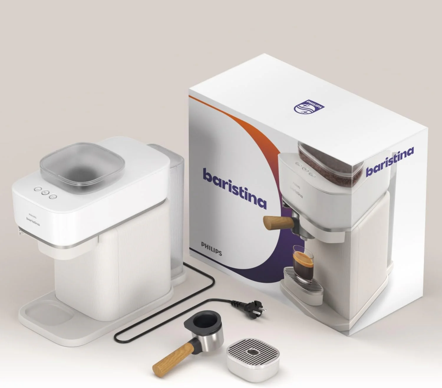 Philips Baristina Espressomaschine - Real Espresso- made simple. Kompakte Kaffeemaschine- Naturwei? mit wei?em Siebtr?ger- 16-bar-Pumpendruck- automatisches Mahlwerk- Cafe Crema (BAR300/00)