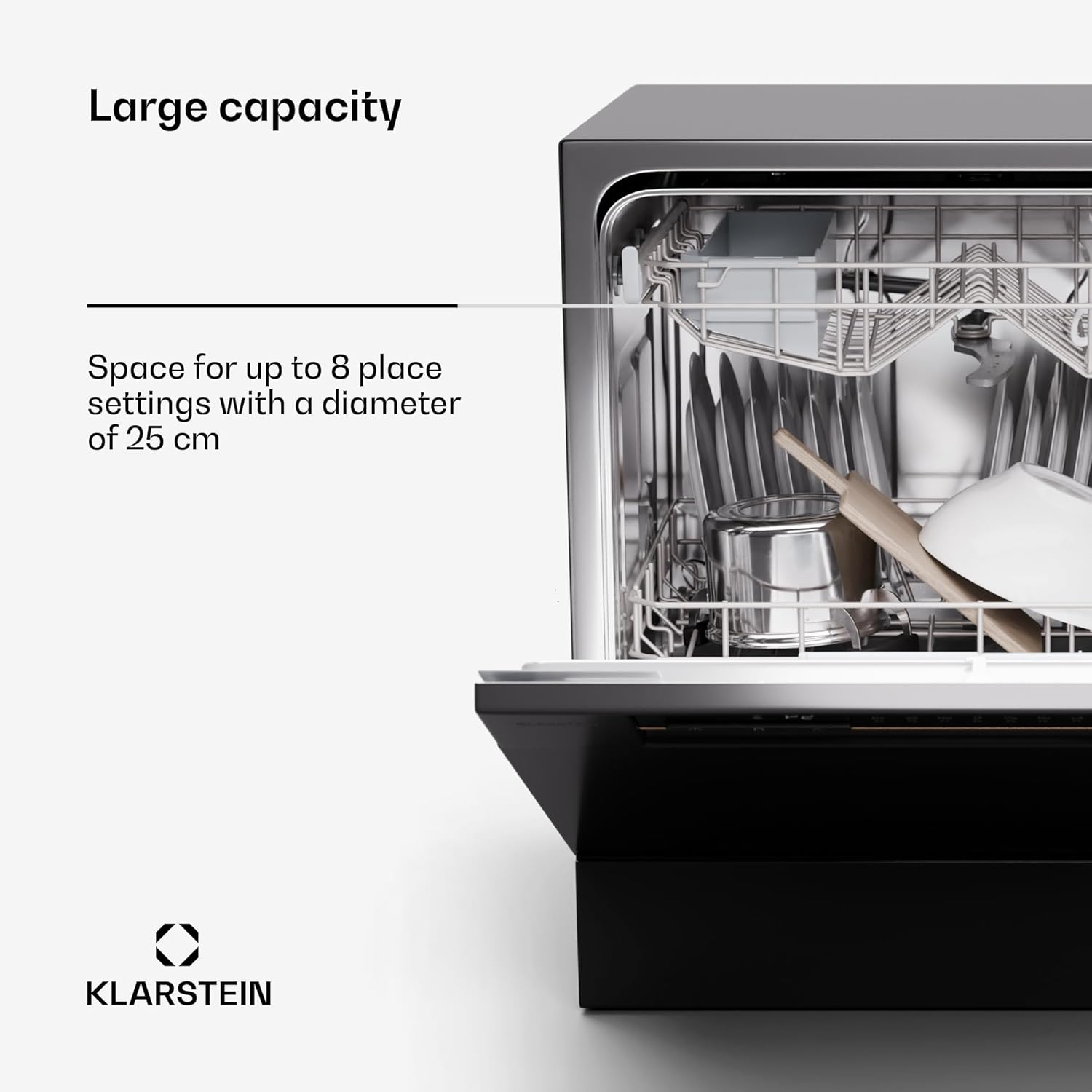 Klarstein  ia 8 - Spülmaschine, Geschirrspüler, Freistehend, Teilintegriert, F, 55 cm breit, 8 Maßgedecke, 6 Programme, Aquastop, silber