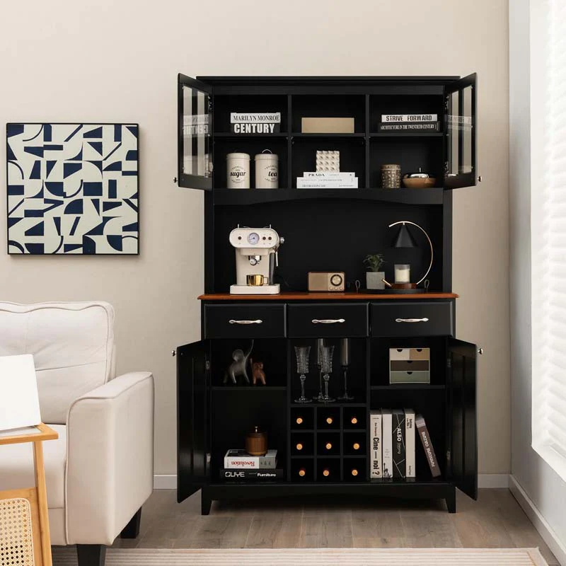 Wood Buffet Hutch Cabinet Kitchen Hutch Sideboard Kitchenware Server with 3 Large Drawers & 9 Wine Grids