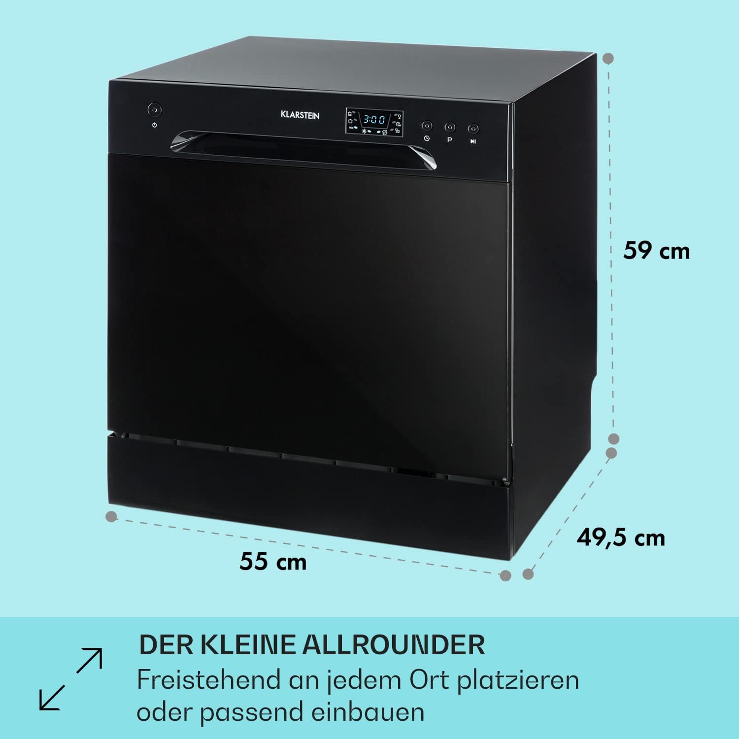 Klarstein  ia 8 - Spülmaschine, Geschirrspüler, Freistehend, Teilintegriert, F, 55 cm breit, 8 Maßgedecke, 6 Programme, Aquastop, silber