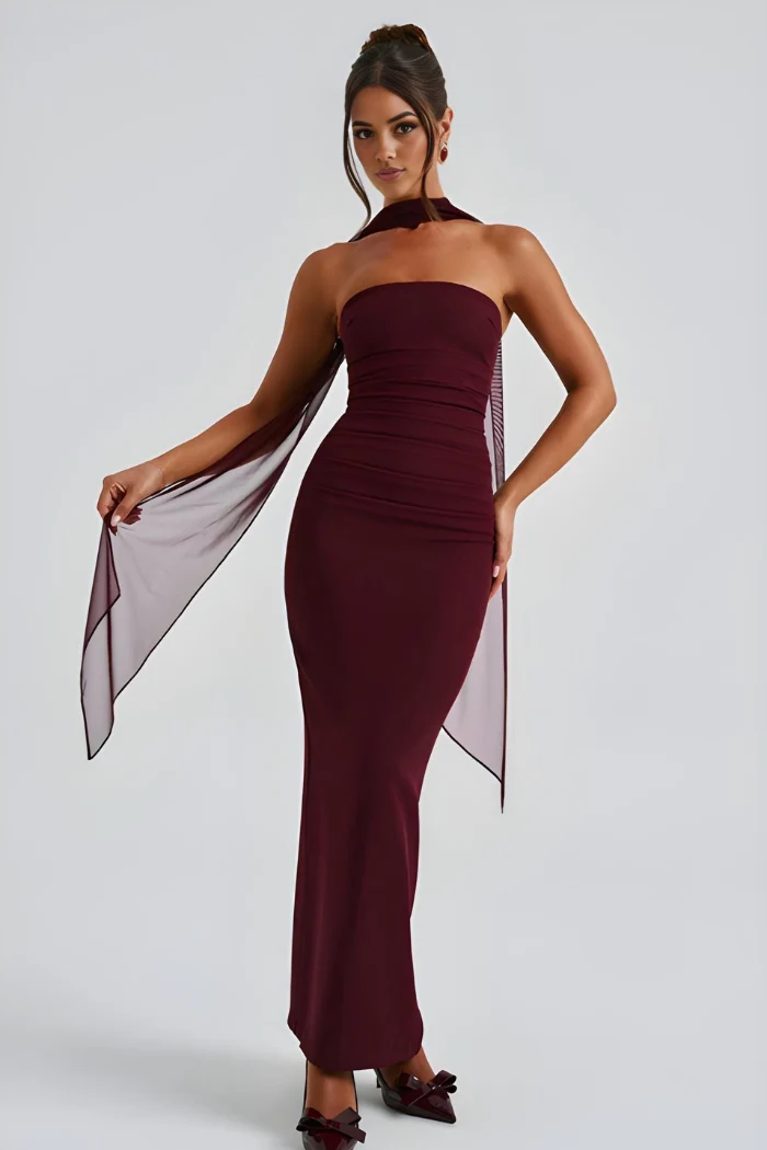 Tr?gerloses Maxi-Bodycon-Cocktailkleid f��r Damen mit Schal
