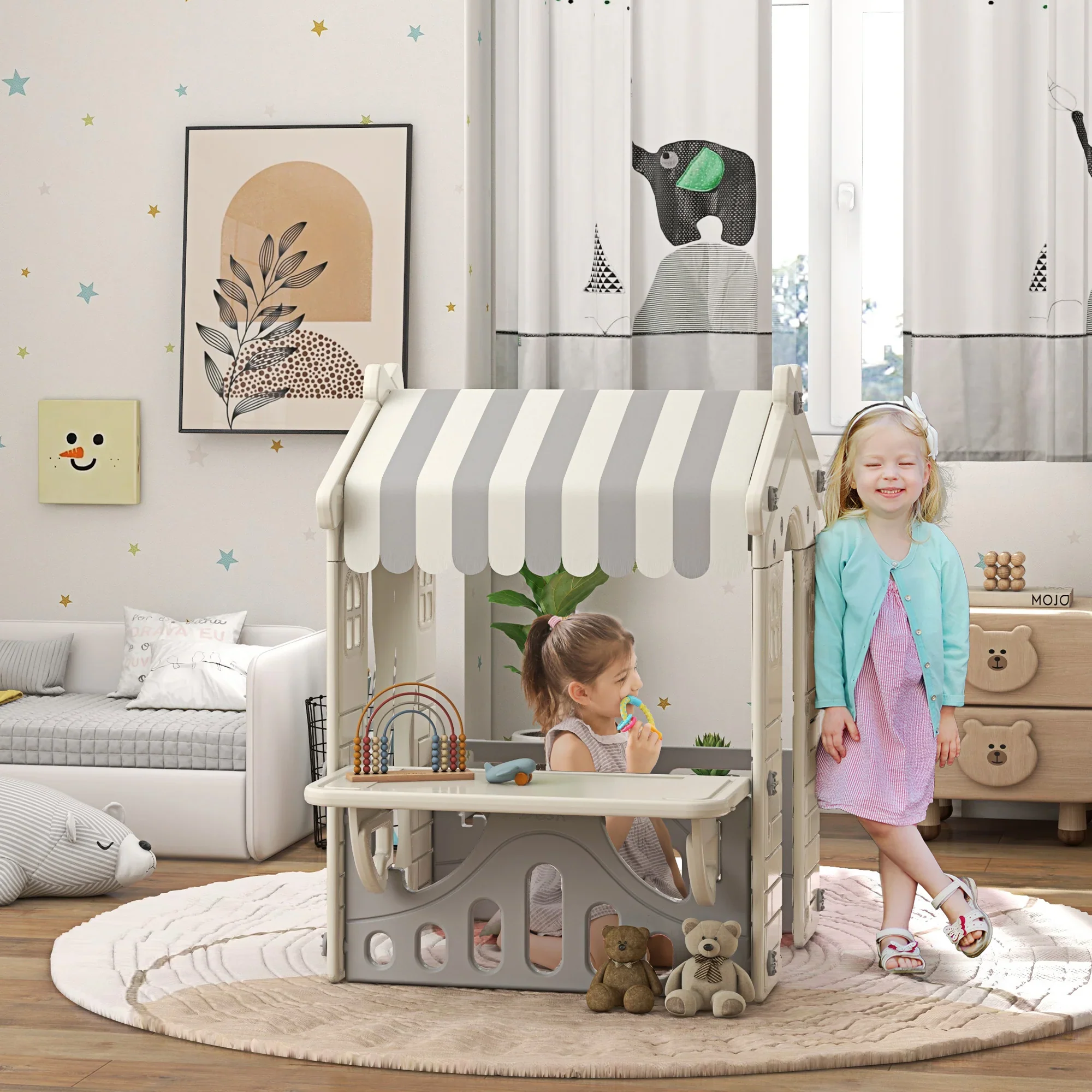 AIYAPLAY Speelhuis Kinderhuis Binnen met Serveerstation & Gordijnen