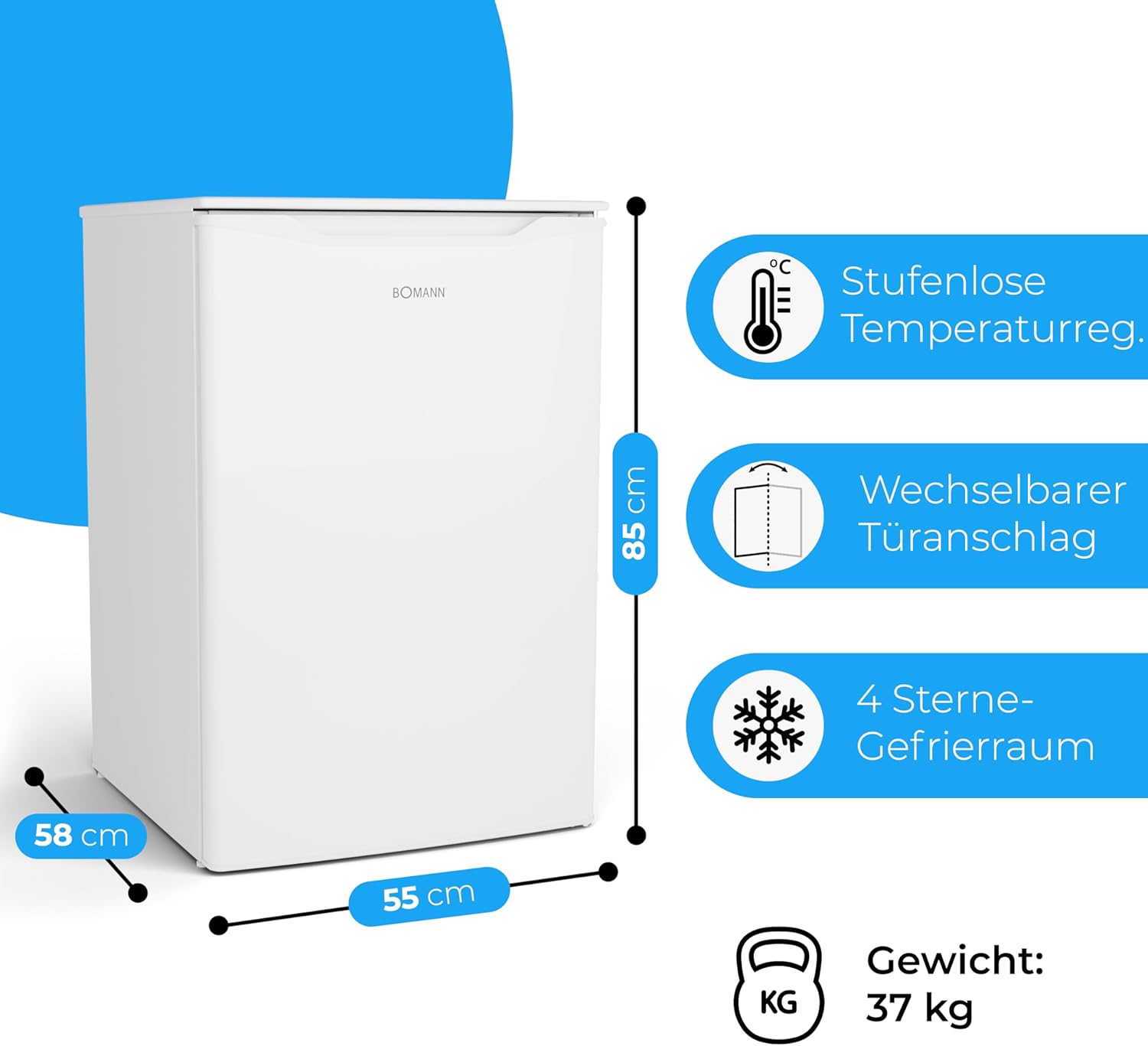 Bomann Gefrierschrank 87L | Gefrierschrank klein mit Temperaturbereich ≤ -18°C | 3 Schubladen | Tiefkühlschrank mit wechselbarem Türanschlag | Freezer Tiefkühlschrank klein GS 7253 weiß