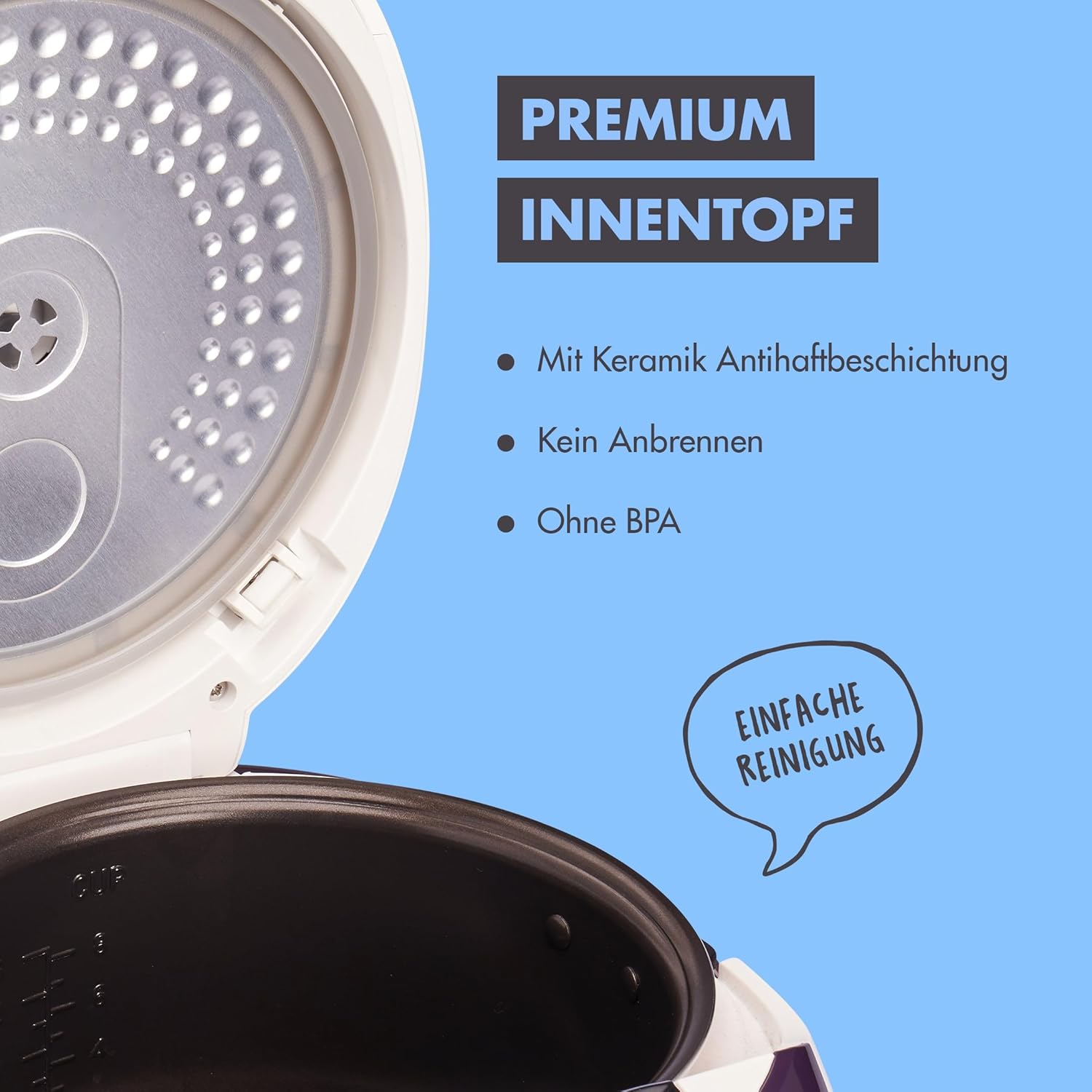 REISHUNGER Digitaler Reiskocher & Dampfgarer Schwarz | 1,5 L bis 8 Personen | Warmhaltefunktion, Timer & Premium Innentopf | Multikocher, 12 Programme, 7-Phasen-Technologie