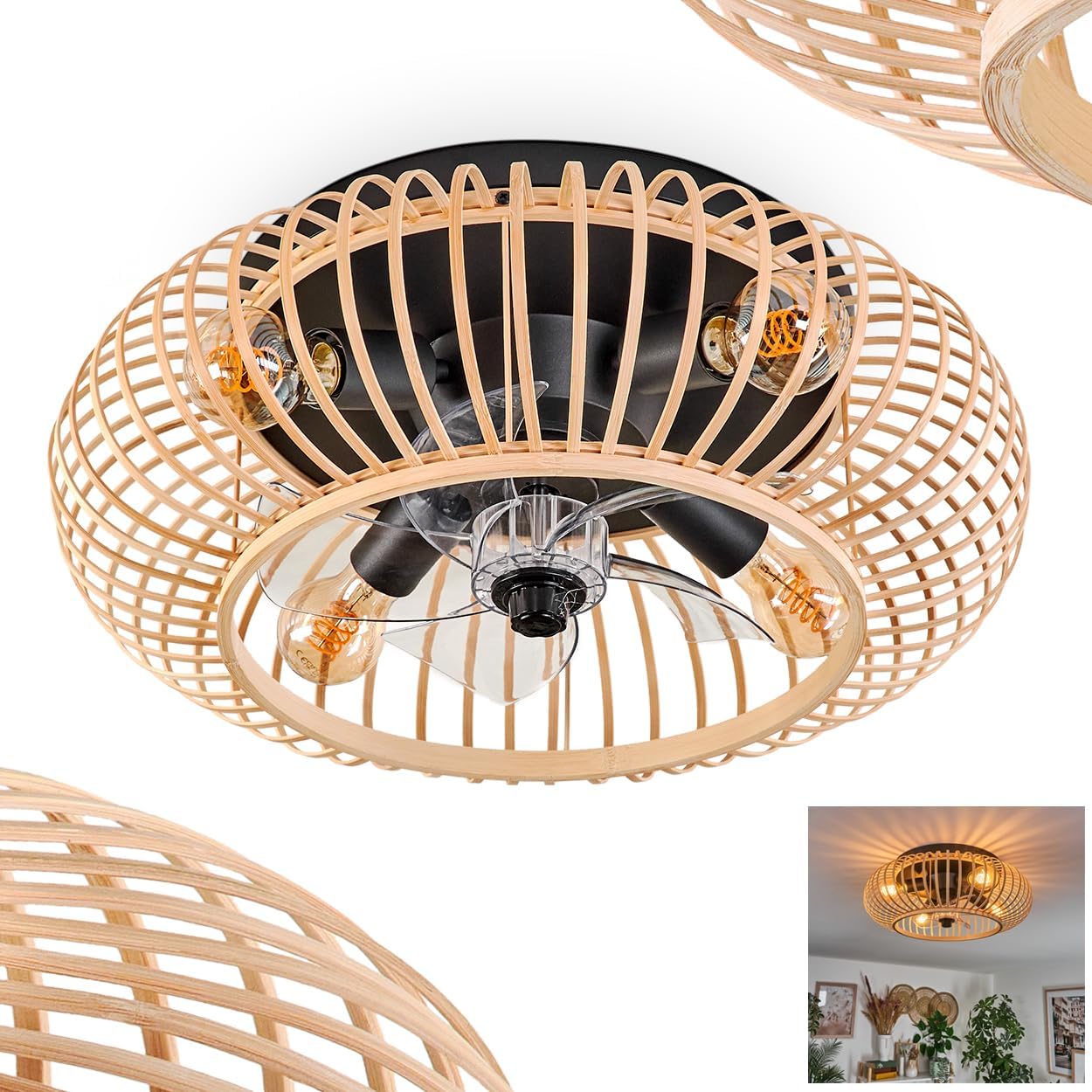HOFSTEIN Deckenventilator Oravi, Ventilator aus Metall/Bambus in Schwarz/Natur mit Fernbedienung, Auf-/Abwind-Funktion u. Lichteffekt an der Decke, Deckenleuchte 4-flammig Ø 50 cm, 4 x E27, mit Timer