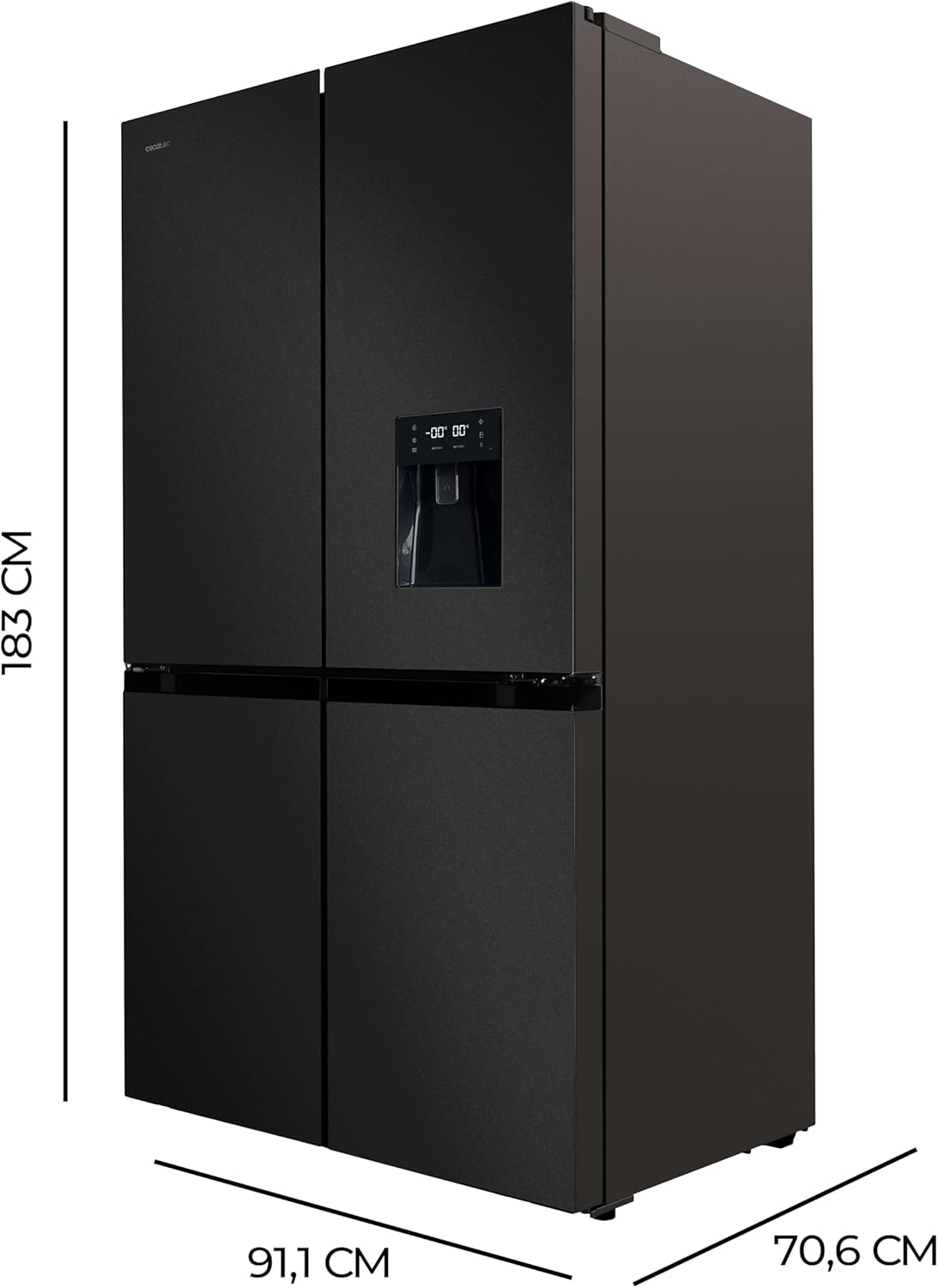 Cecotec Réfrigérateur Américain 4 Portes Dark de 564 L Bolero CoolMarket 4D 564 Dark E. 183 cm de Hauteur, 91 cm de Largeur, Distributeur d'Eau, Moteur Inverter Plus, NoFrost Total