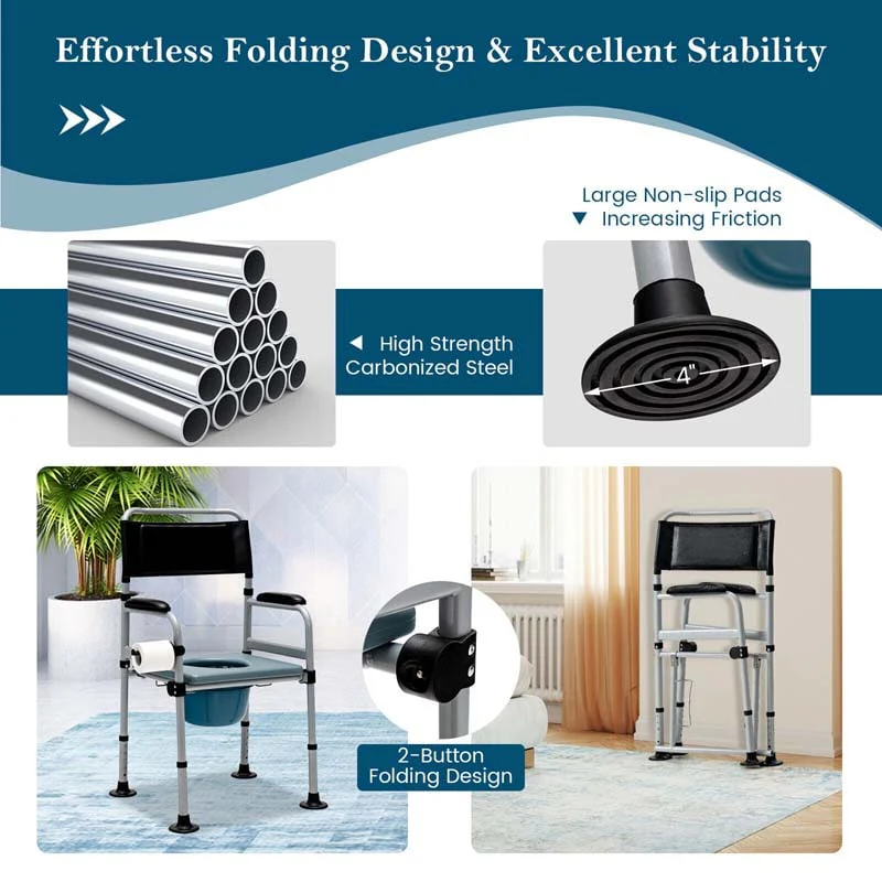 4-in-1 Folding Bedside Commode Chair with Arms, Height Adjustable Portable Toilet Bath Shower Potty Chair