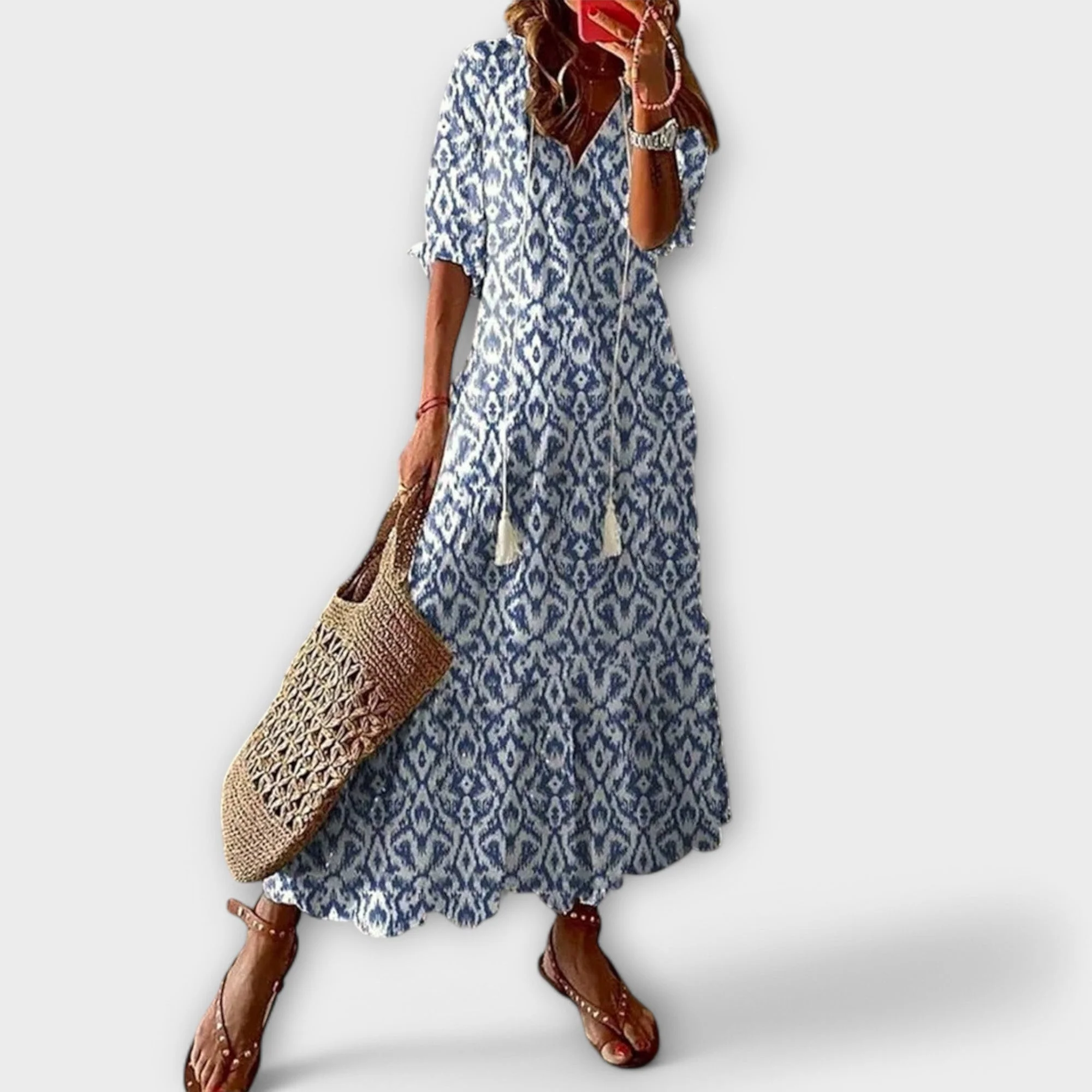 Damen Maxikleid im Boho-Stil | Leichtes Sommerkleid mit Print und Taillenband | Luftiges langes Kleid f��r Strand und Alltag