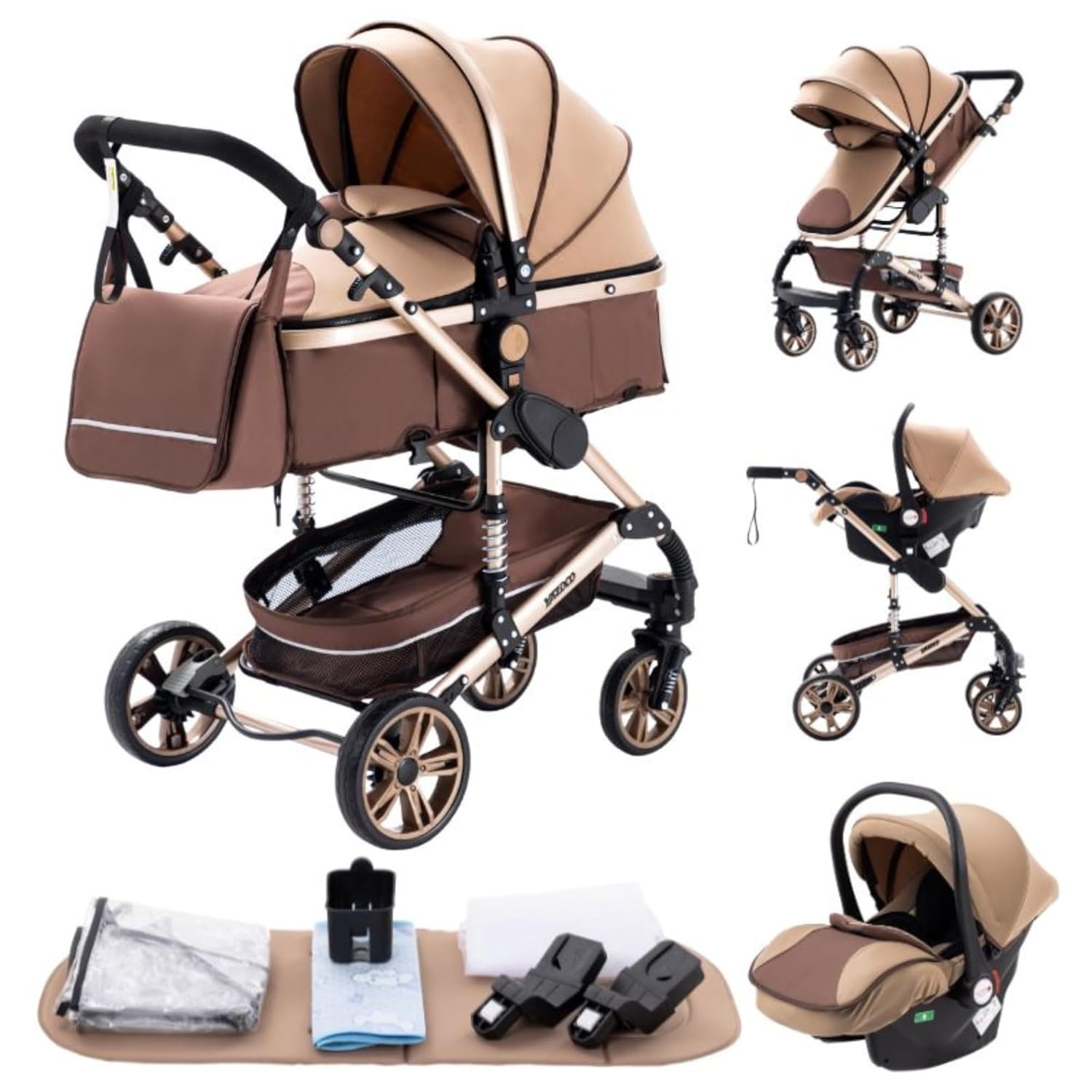 YAZOCO kinderwagen 3 in 1 Buggy Babybett Komplett Set Einem Klick Zusammenklappbarer Kinderwagen, KombiKinderwagen Aluminiumrahmen für Neugeborene Sitzzubehör (1 schwarz)