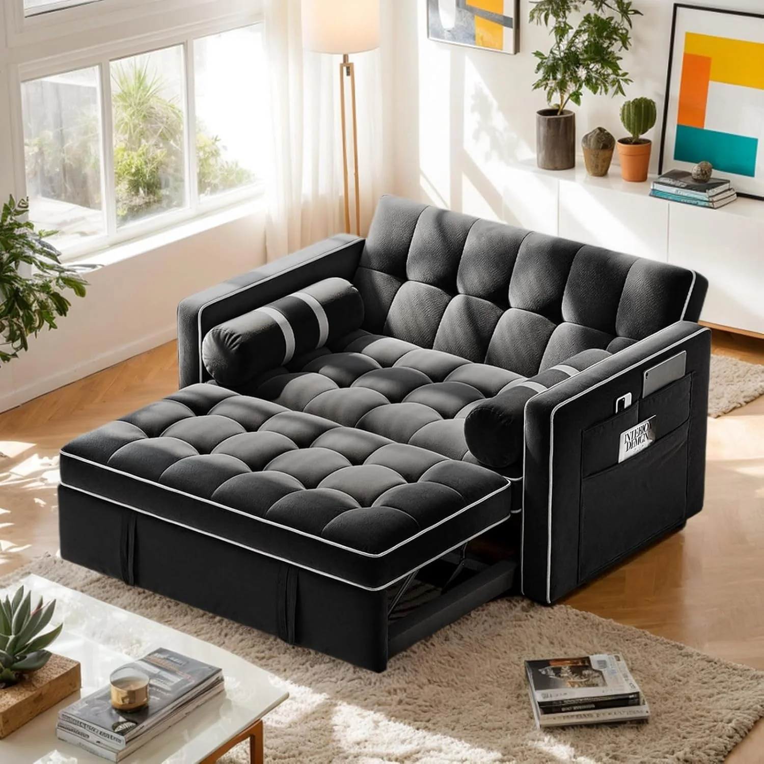 Pipishell 3 in 1 Convertible Sleeper Sofa Bed.Pull Out Couch for Living Room with USB Ports & Side Pockets.Adjustable Backrest.Velvet.Loveseat Sofa Bed.Futon Couches.Black