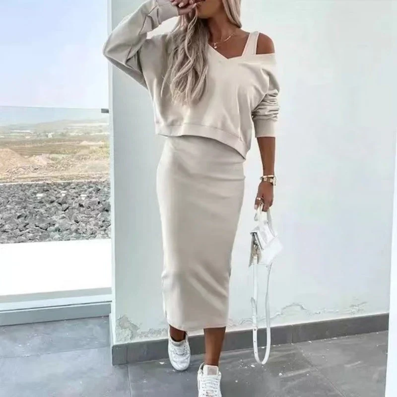 Damen Midi Kleid und Oversized Pullover Set | Zweiteiler Strickkleid mit weitem Pulli | Modernes Freizeit Outfit f��r Frauen