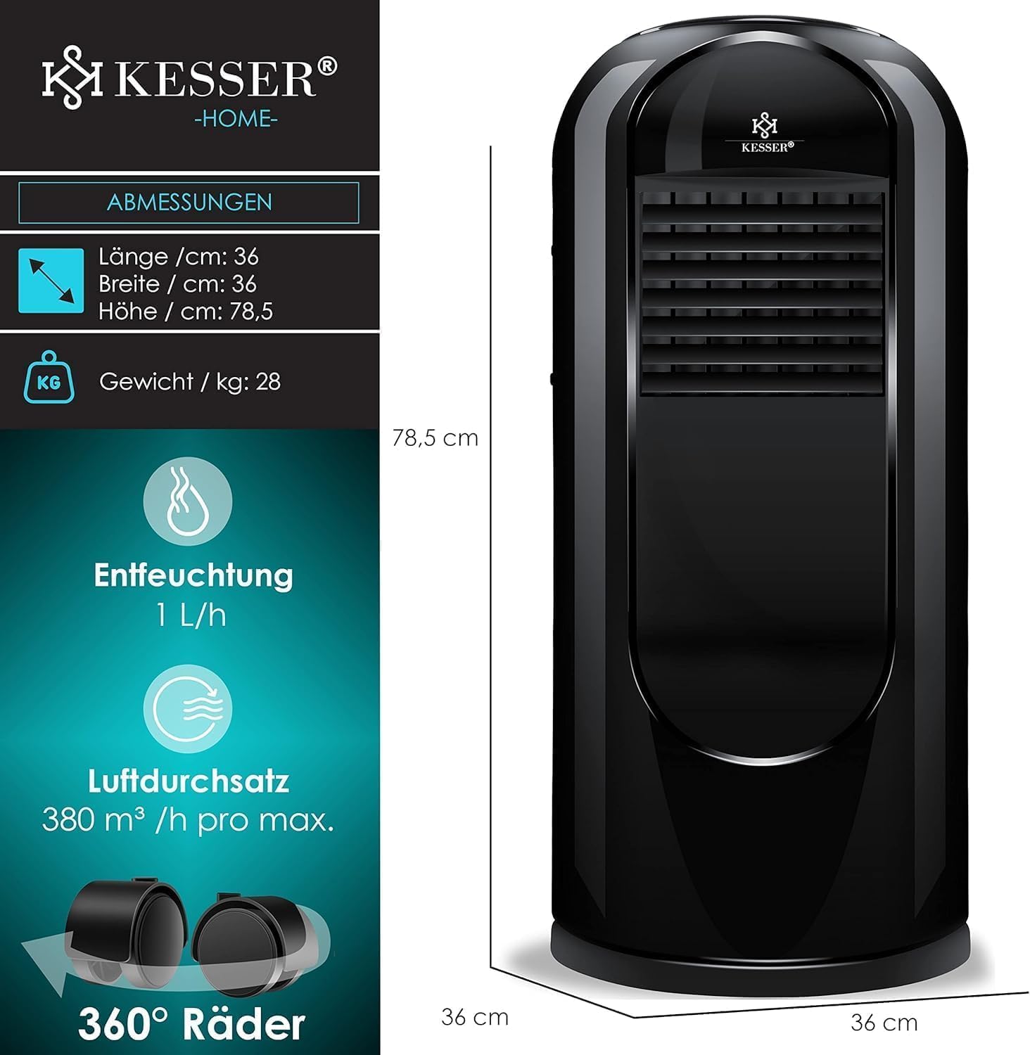 KESSER® Klimaanlage Mobil Klimagerät Sky Tower 4in1 kühlen, Luftentfeuchter, lüften, Ventilator - 9000 BTU/h (2.600 Watt) 2,7KW - Klima, Fernbedienung und Timer, Nachtmodus (EEK: D), Schwarz