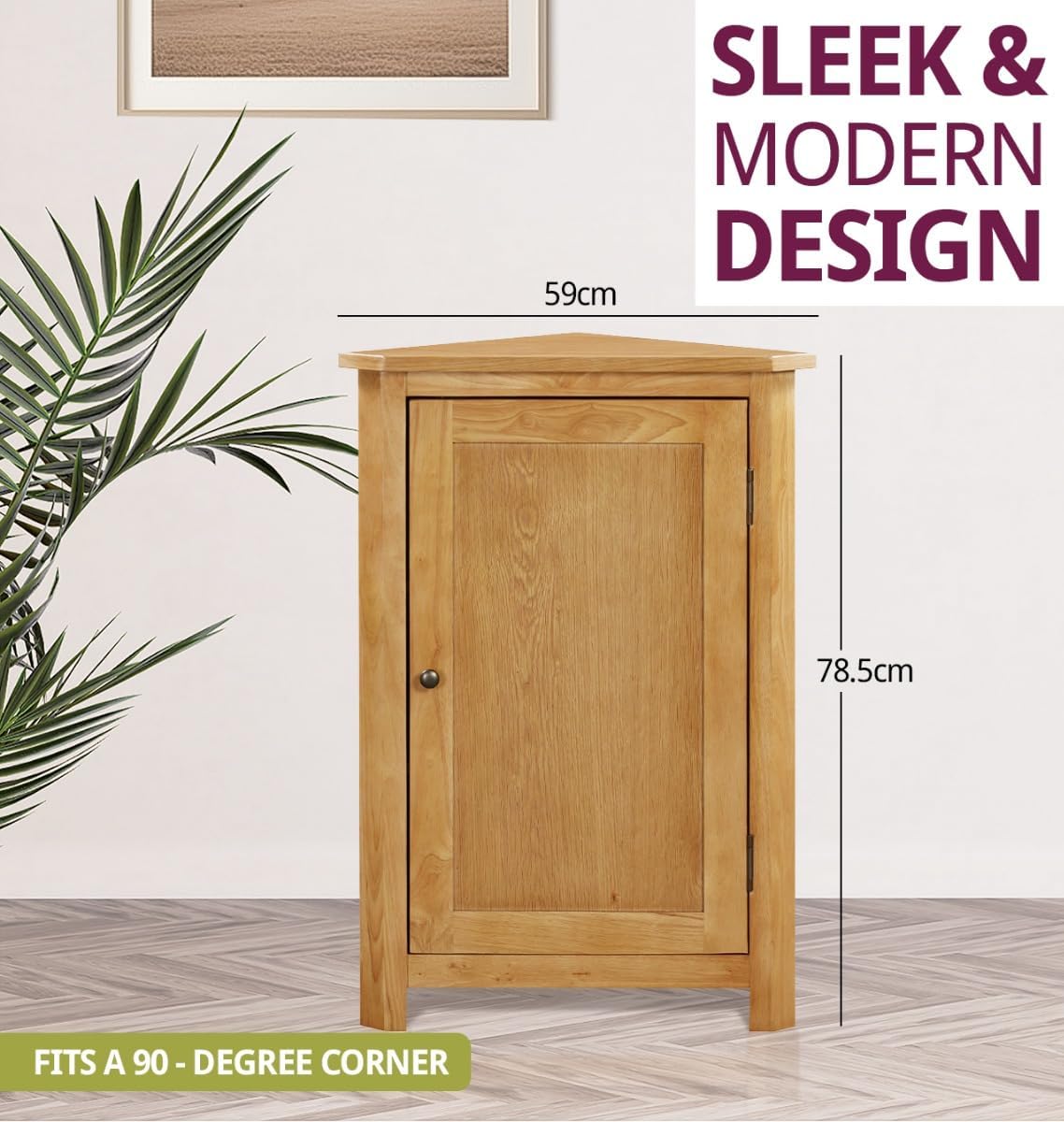 Hallowood Furniture Eckschrank Aston Eiche, kleine Eckschränke aus Holz für Wohnzimmer mit 1-türigem Aufbewahrungsschrank + 2 verstellbaren Einlegeböden, vielseitiges Eichenregal und Telefontisch