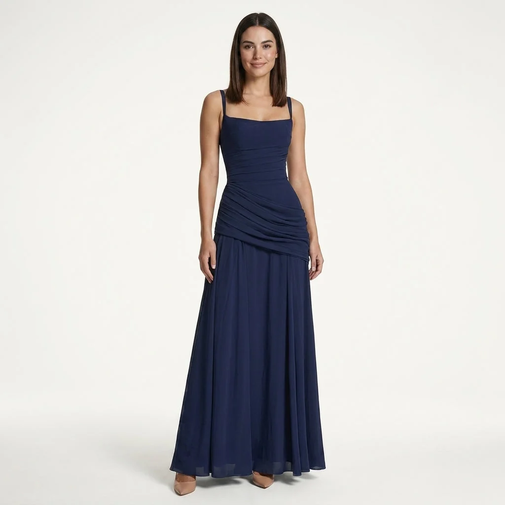 Damen Maxikleid mit Carr��-Ausschnitt und Raffung | Bodenlanges Abendkleid f��r Hochzeitsg?ste und festliche Anl?sse