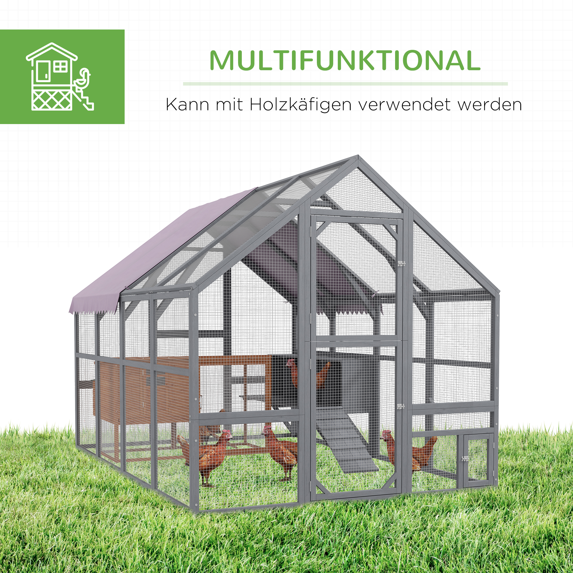 PawHut Kippenren Kippenhok Kippenhuis, toegankelijk, weerbestendig, 280 x 185,5 x 188 cm, Grijs
