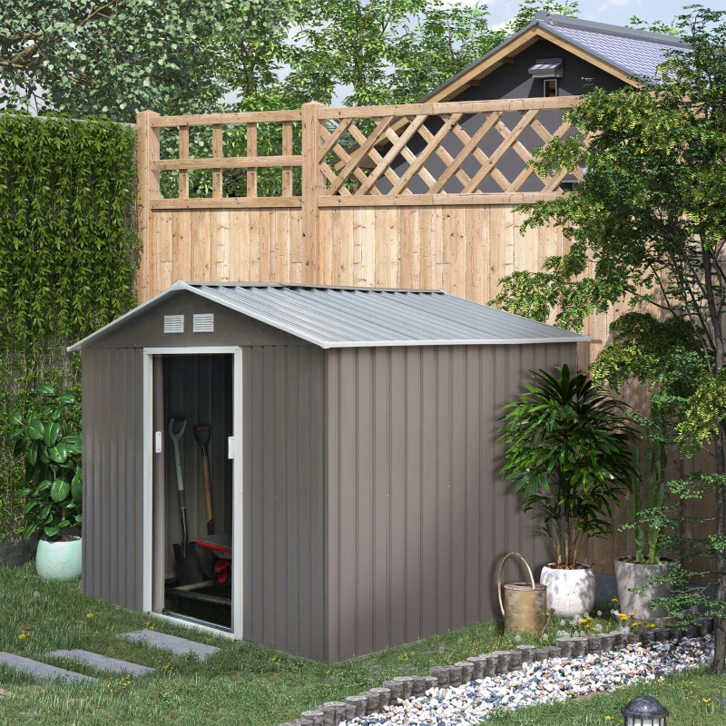 2025 Outsunny Opbergschuur van Gegalvaniseerd Staal met Dubbele Schuifdeur 9ft x 6ft �C Grijs