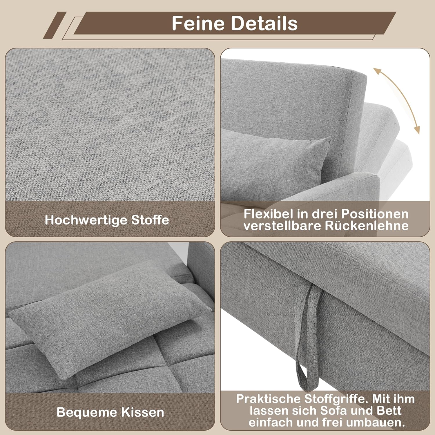 Zweisitzer Sofa mit Schlaffunktion, Verstellbares Rückenteil Sofa, klappsofa mit schlaffunktion, Komfort SofaBett für kleine Wohnungen Studentenwohnheime, 127x75 cm, Dunkelgrau