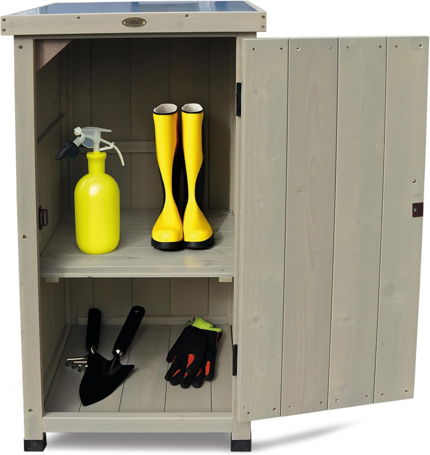 HABAU Gartenschrank Kompakt mit Arbeitsplatte, wetterfest in Grau lasiert, aus zertifiziertem Massivholz, ideal für Garten, Balkon und Terrasse, 45 x 45 x 91 cm