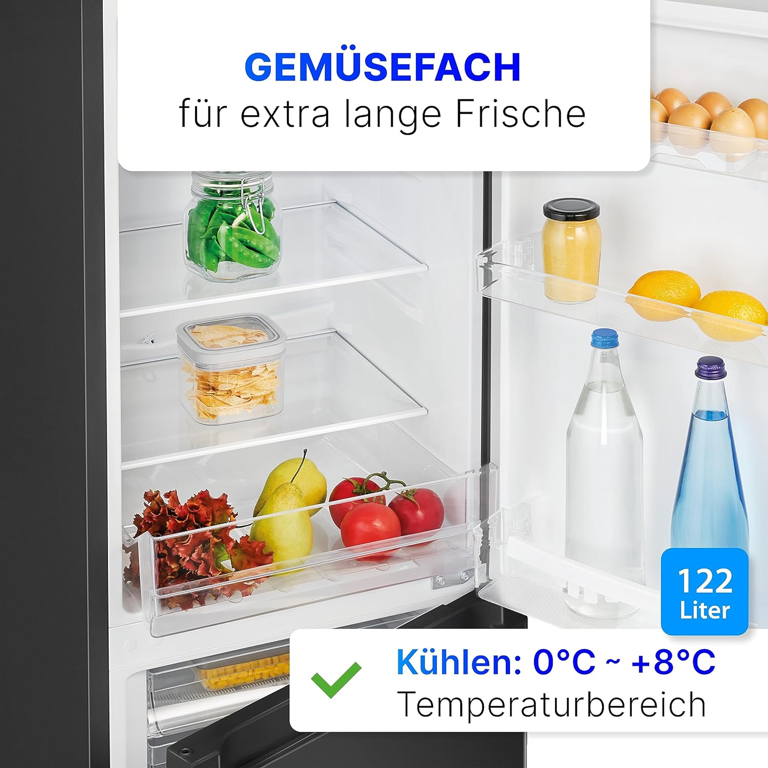 Bomann Fridge-Freezer KG 320.2, 143 cm High, Fridge-Freezer with 175 Litre Capacity, 3 Shelves and 3 Drawers, Door Stop Replaceable, Quiet Fridge-Freezer 39 dB, Black