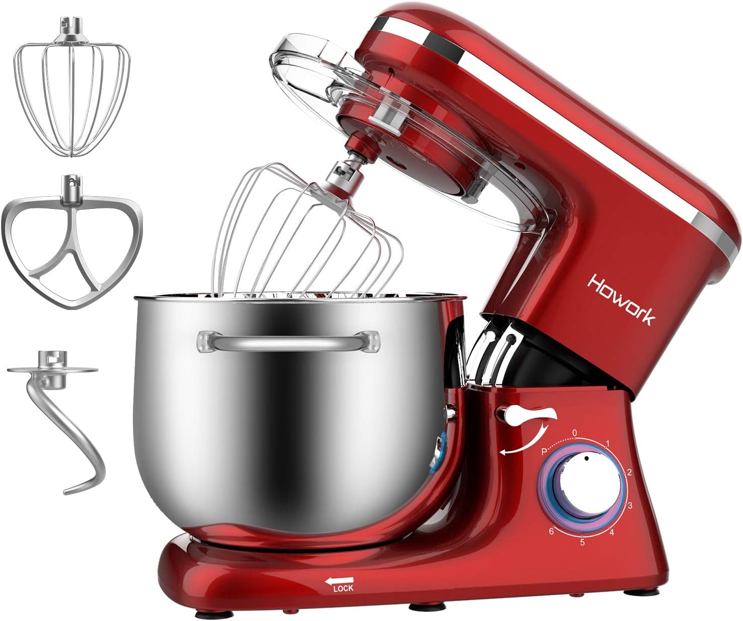 Howork Küchenmaschine Knetmaschine, 1500W leistungsstark 8L Tilt-Head Gerusche Knetmaschine, 6-stufige Geschwindigkeit Teigmaschine mit Rührbesen, Knethaken, Spritzschutz, Schlger (8L, schwarz)…
