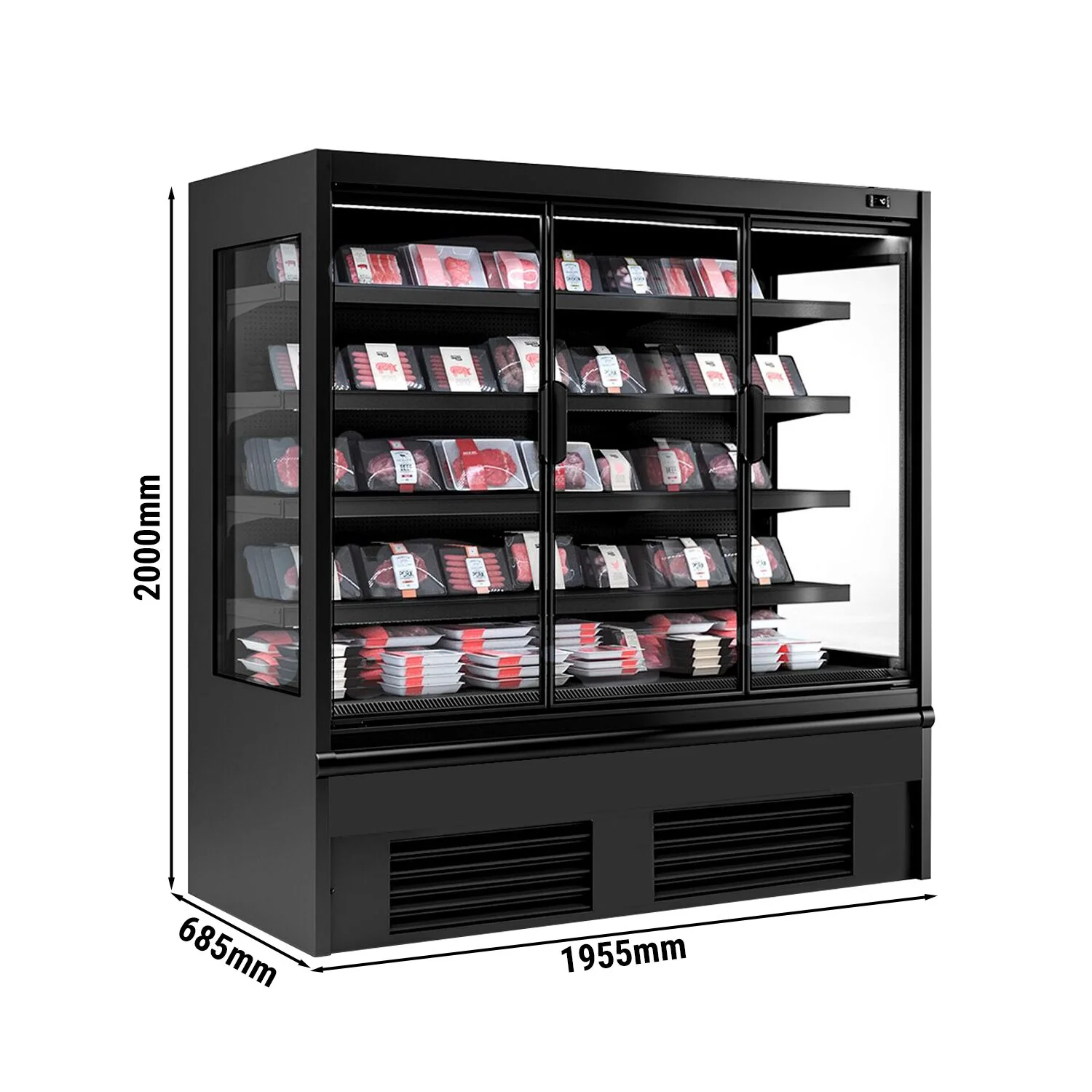 Kjølereol - 1955 mm - 852 l - +2 °C til +4 °C - med 1 hengslet glassdør, med dobbelt isolerglass & 4 hyller - svart