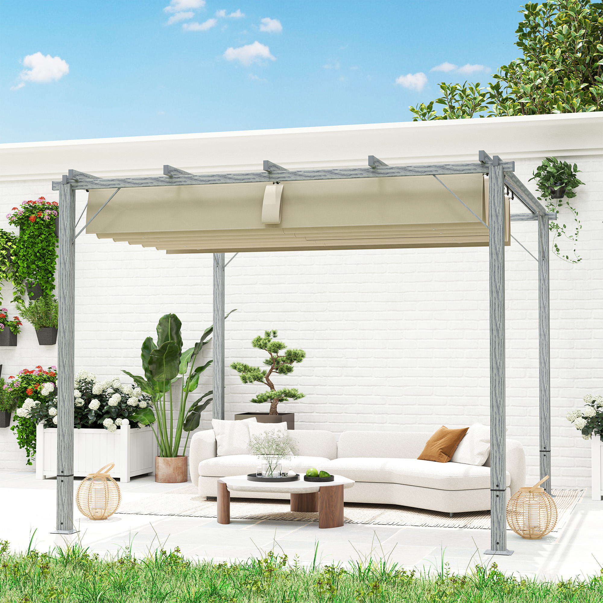 3 x 3 m Tuinpergola, Verstelbare Terrasoverkapping met Aluminium Frame, UPF30+ Zonbescherming, Grijs