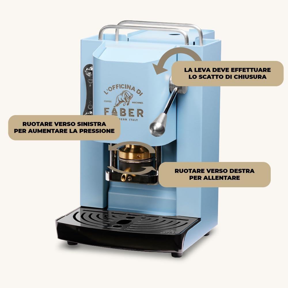FABER COFFEE MACHINES | Modell Pro Deluxe | Kaffeepadmaschine für 44 mm ESE-Pads | Chrom-Finish | Padpresse aus Messing (Turquoise)