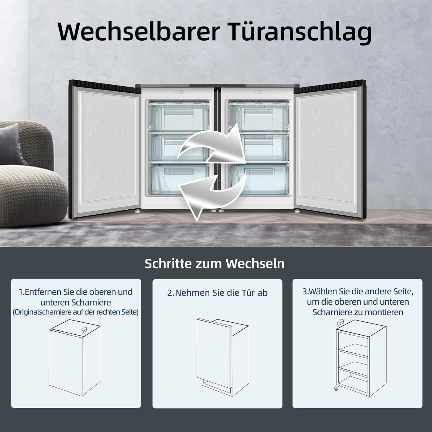 CHiQ 85L Gefrierschrank, 4 Sterne Schnellgefrieren(-24°C) |EEK C, 103kWh/Jahr, 39dB ultraleise| 845mm H,umkehrbare Tür｜Tiefkühlschrank, CSD95BC
