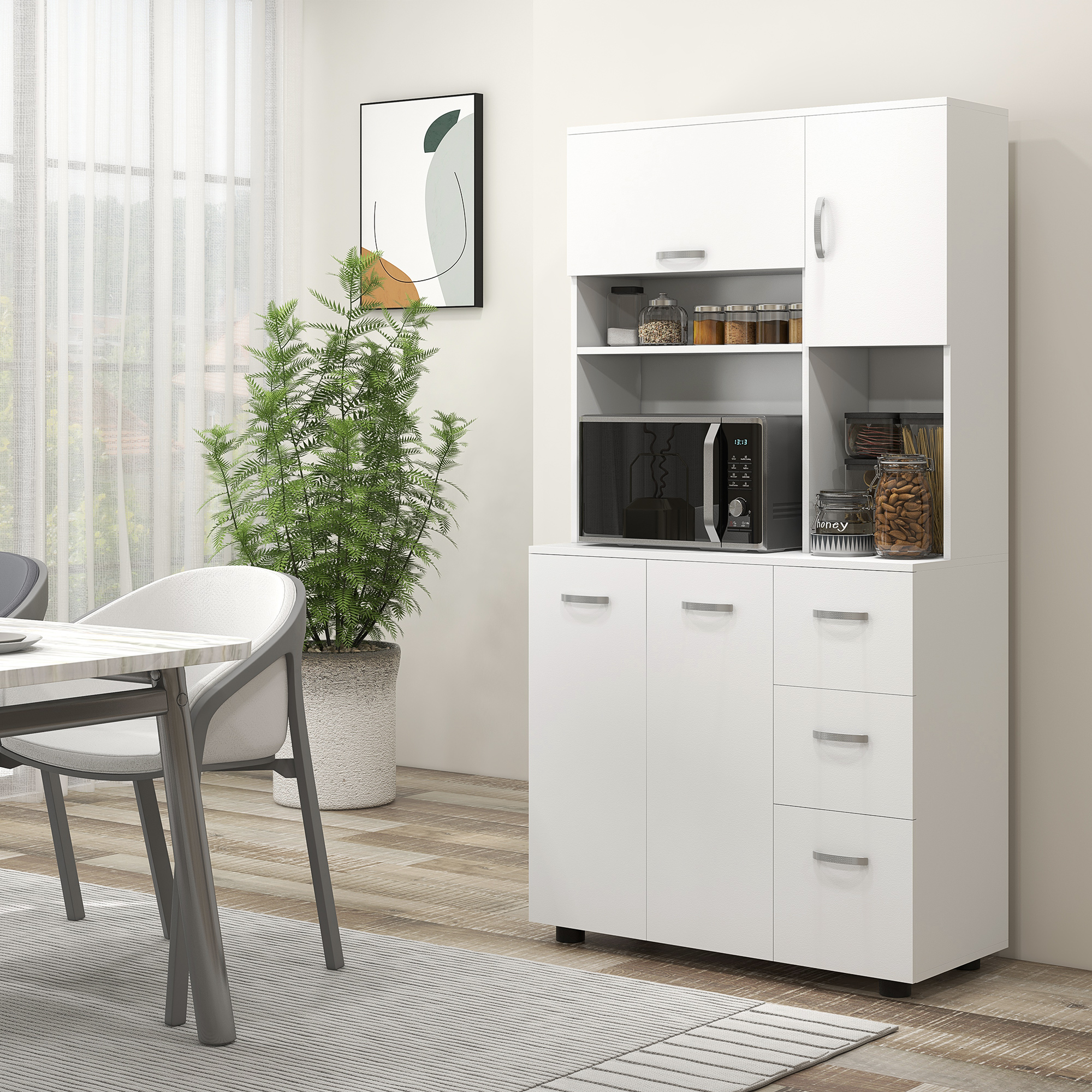 HOMCOM Keukenkast, Buffet, 3 Laden, 3 Planken, Veel Opbergruimte, 89x39,5x168cm, Wit