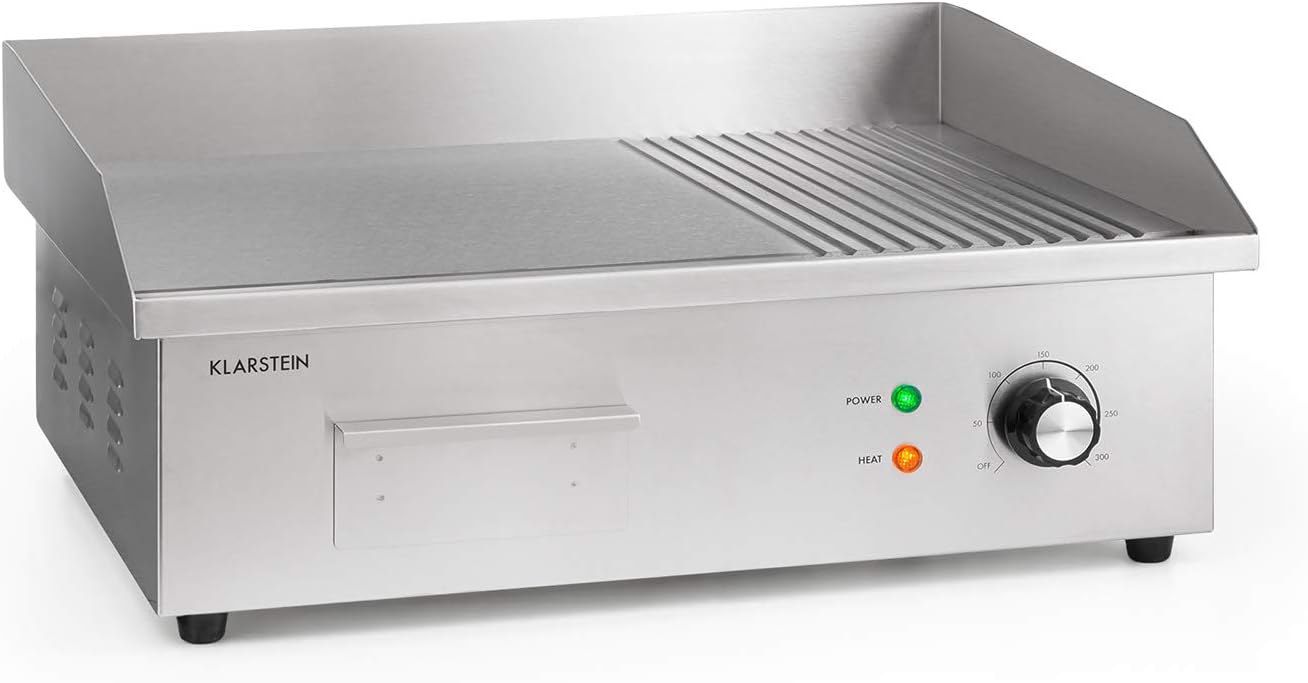 Klarstein Elektrogrill, Grillplatte, Elektrische Grillplatte, Tischgrill, Elektrogrill aus Edelstahl, Spritzschutz & Auffangbehälter, Glatte XL Grillfläche: 54,5x35 cm, Stufenlos 50-300 °C, 3000 Watt