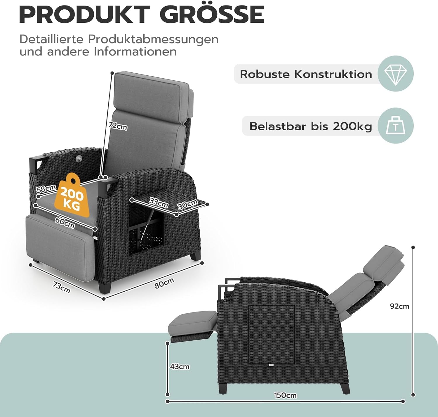 UDPATIO Sillón Ratán Jardin Exterior Reclinable, Tumbona de Jardín Ajustable 150°, con Respaldo Ajustable, Fundas + Extraíbles Cojines, Impermeable, para Interior y Exterior - Gris