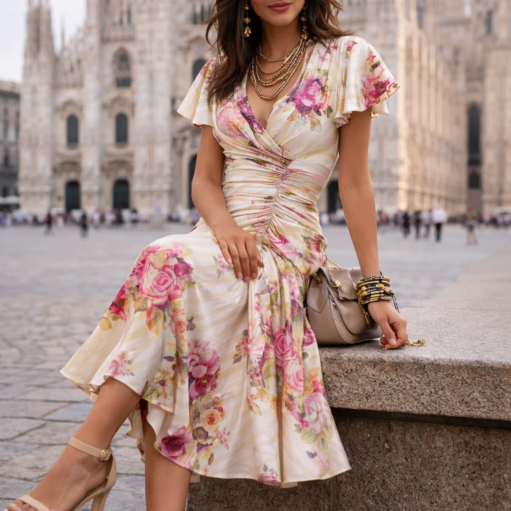 Midi-Kleid mit Blumenmuster f��r Hochzeitsg?ste | Wickeloptik mit V-Ausschnitt und leichten Flatter?rmeln | A-Linien Schnitt