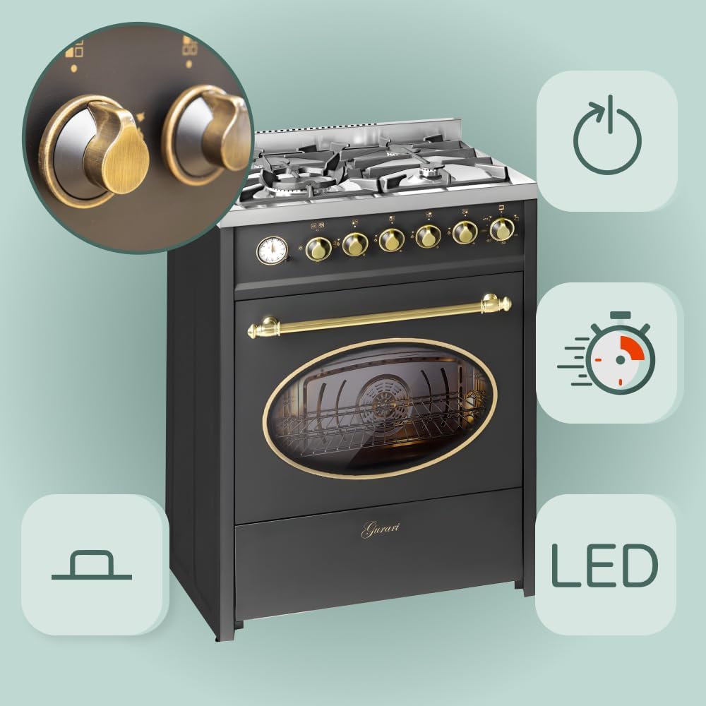 GURARI Gasherd mit Gasbackofen GCH G 614 BR Standherd 60 cm | Gasgrill | Drehspieß | Elektro-Analog-Timer mit STOP-Funktion | Schublade mit Push-Pull | Gas Control | Range Cooker Erdgas/Propan
