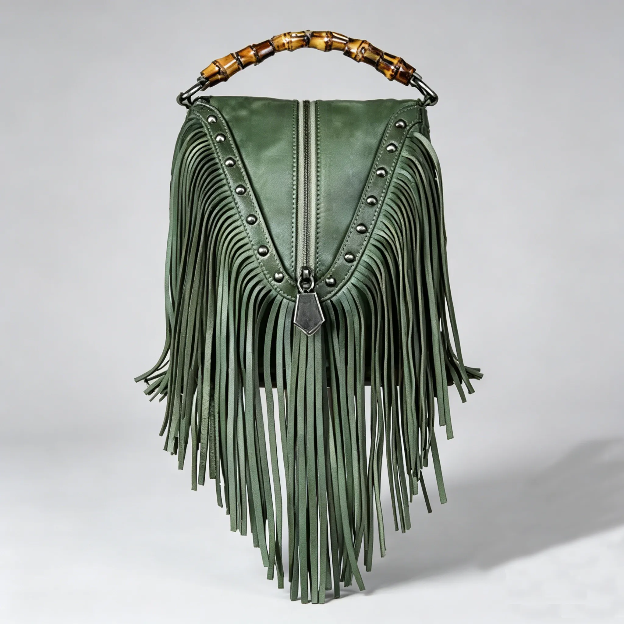 Full Grain Leather Fringe Handbag with Bamboo Handle