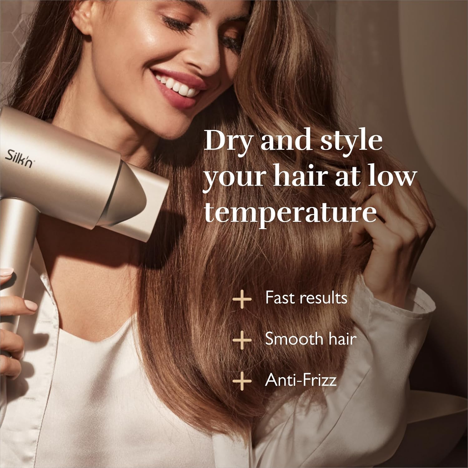 Silk'n Haartrockner I SilkyAir Pro HDB003 I Premium Föhn mit bürstenlosem Motor und Wasser-Ionen-Technologie I 3 Aufsätzen, hitzebeständiger Matte und Reiseetui, 1600 W, Champagner