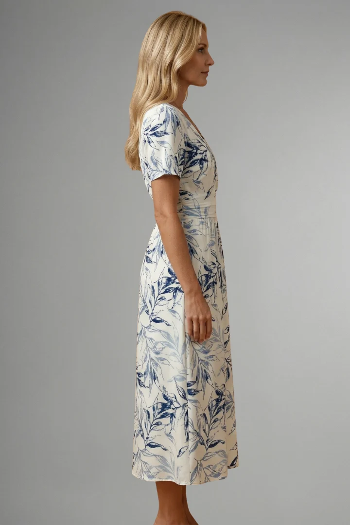 Damen Midikleid mit Blumenmuster und V-Ausschnitt | Tailliertes A-Linien Kleid mit kurzen ?rmeln in moderner Midi-L?nge