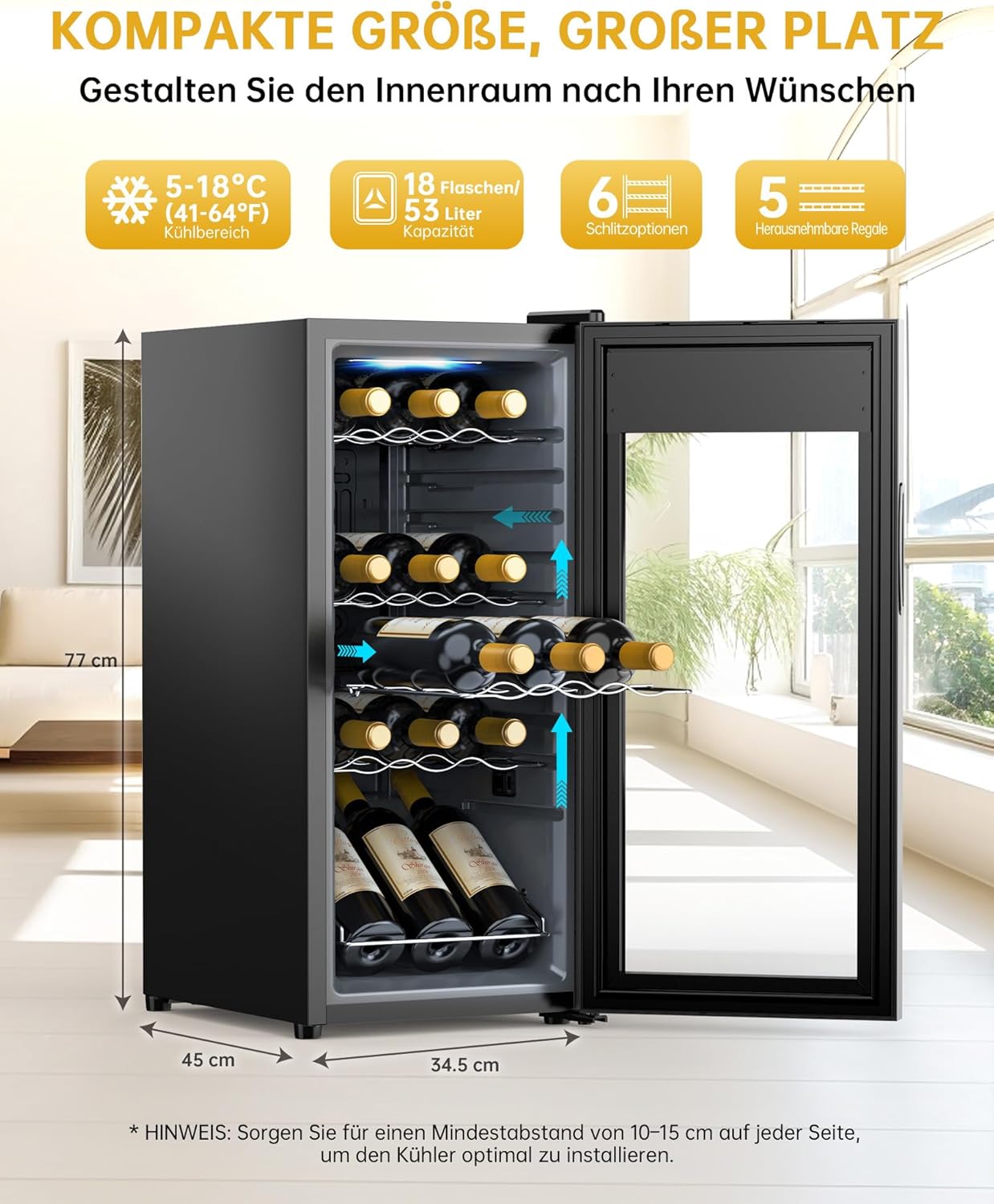 WIE Wine Fridge Compressor 53 Litres 18 Bottles Drinks Fridge Small Wine Cabinet Small Wine Fridge with Glass Door, Full Glass Design Door with LED Touch Panel, Anti-UV, Wine Fridge 5-18°C