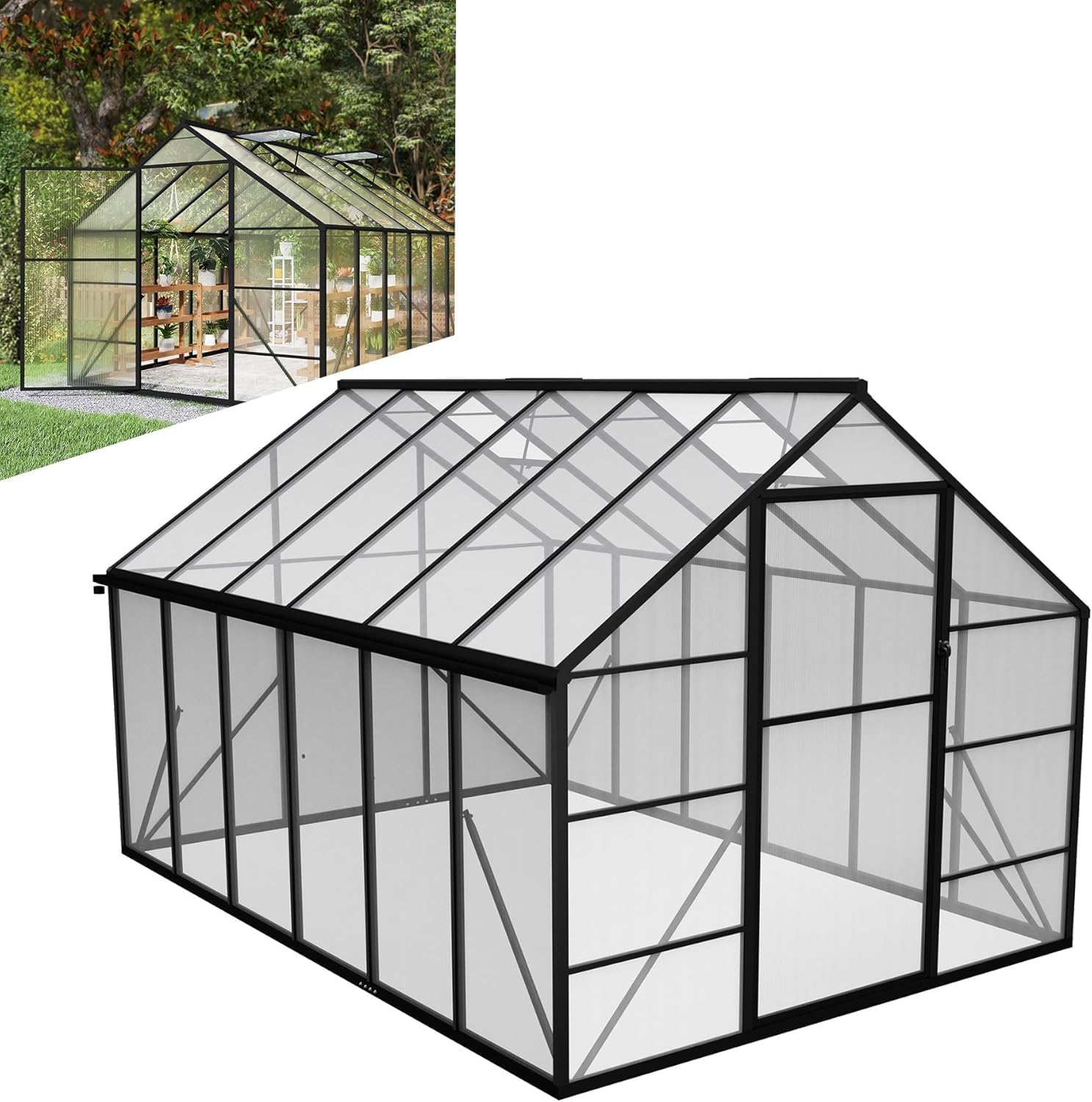 LZQ Gartengewächshaus Aluminium mit Fundament 380x250x205 cm Gewächshaus Pflanzenhaus mit Schiebetür und Dachfenster Treibhaus Gartenhaus Winterfest Aufzucht Tomatenhaus (8x12 ft)