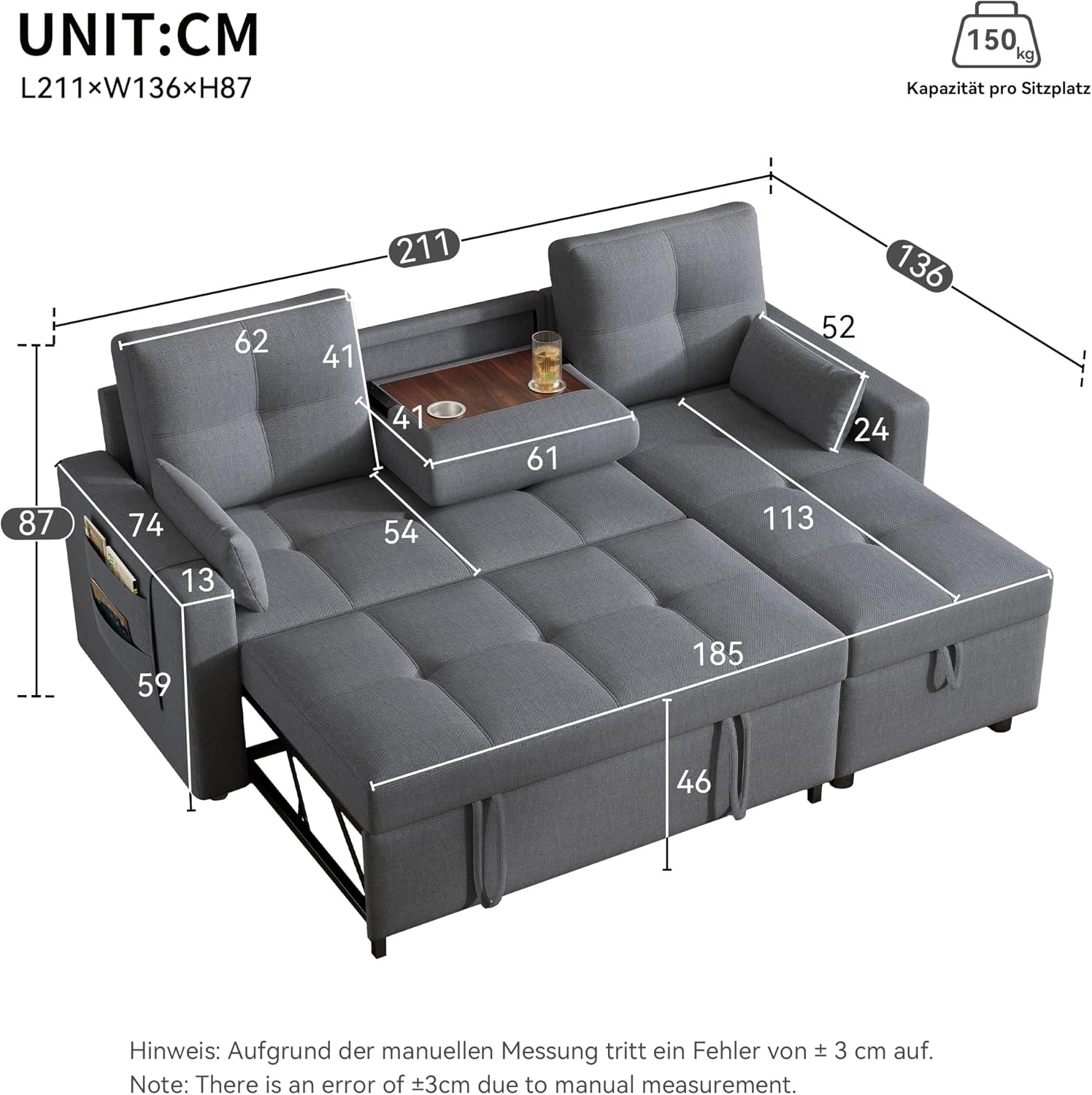 Sapgaks Sofá cama doble de esquina, sofá cama plegable y sofá cama de 3 plazas con función de dormir, en forma de L, todos equipados con espacio de almacenamiento, color gris