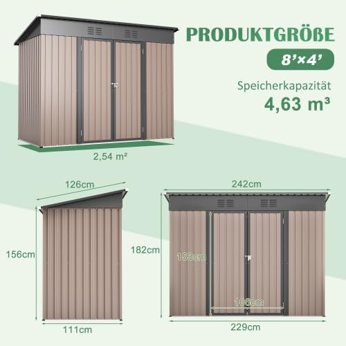 Geräteschuppen Metall 8 x 4 Fuß mit Fundament, Gerätehaus wetterfest als Fahrradgarage für 2-3 Fahrräder, Mülltonnenbox & Gartengerätehaus, verzinkter Stahlschuppen mit Schrägdach & Belüftung, Braun