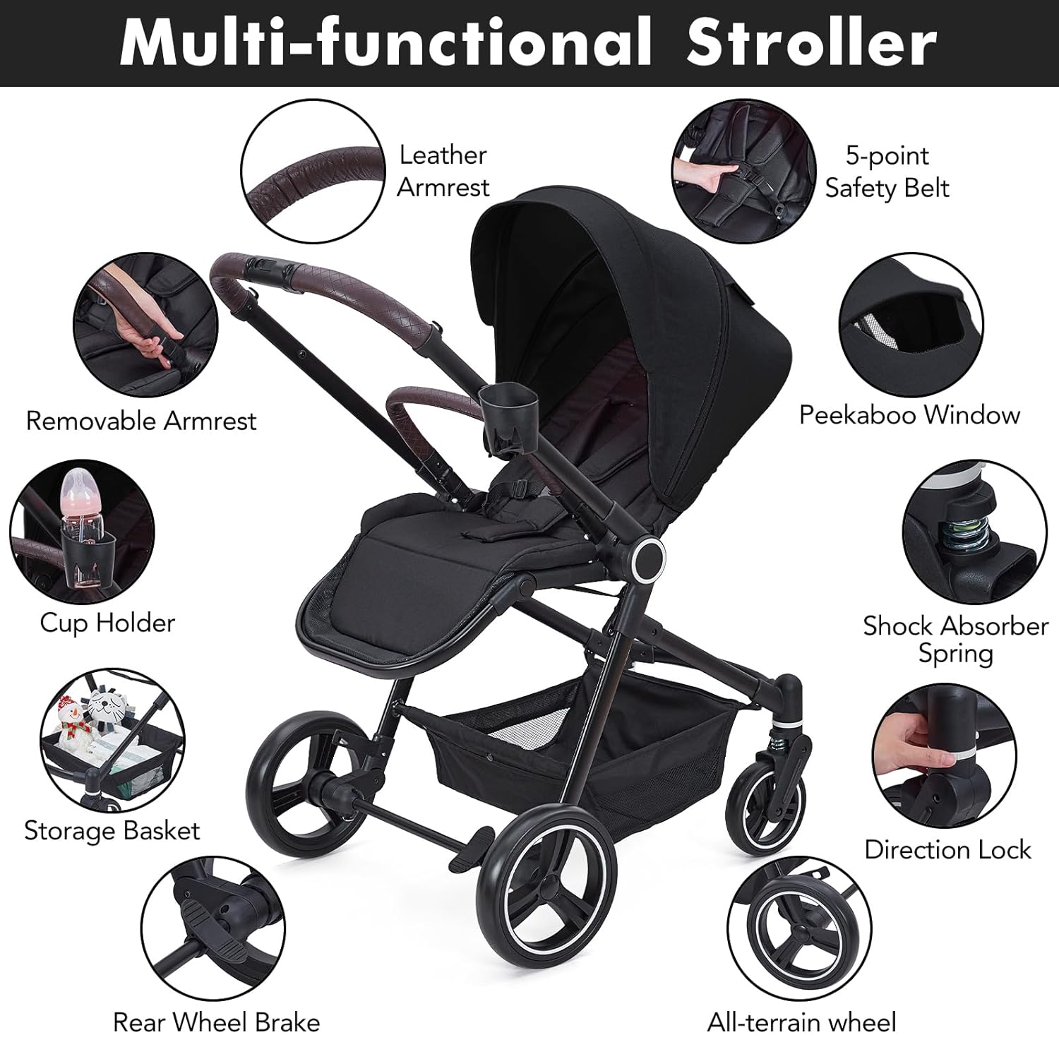 3 in 1 Kinderwagen Set mit umkehrbarem Sport-Sitz, Babywanne & Buggy – Ein-Klick-Zusammenklappbar, Leicht & Tragbar mit Großem Regenschutz
