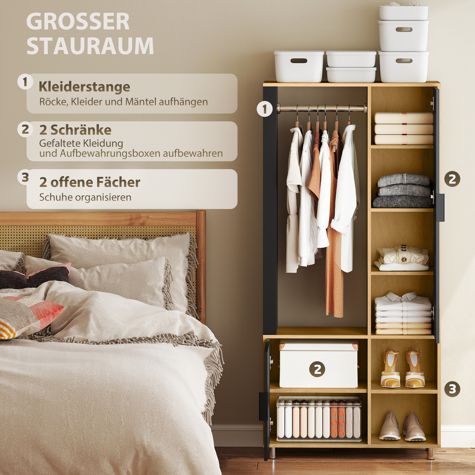 Kast met Spiegel en Kledingstang, Opbergruimten, Open Opbergruimtes, Natuurlijk hout, Zwart